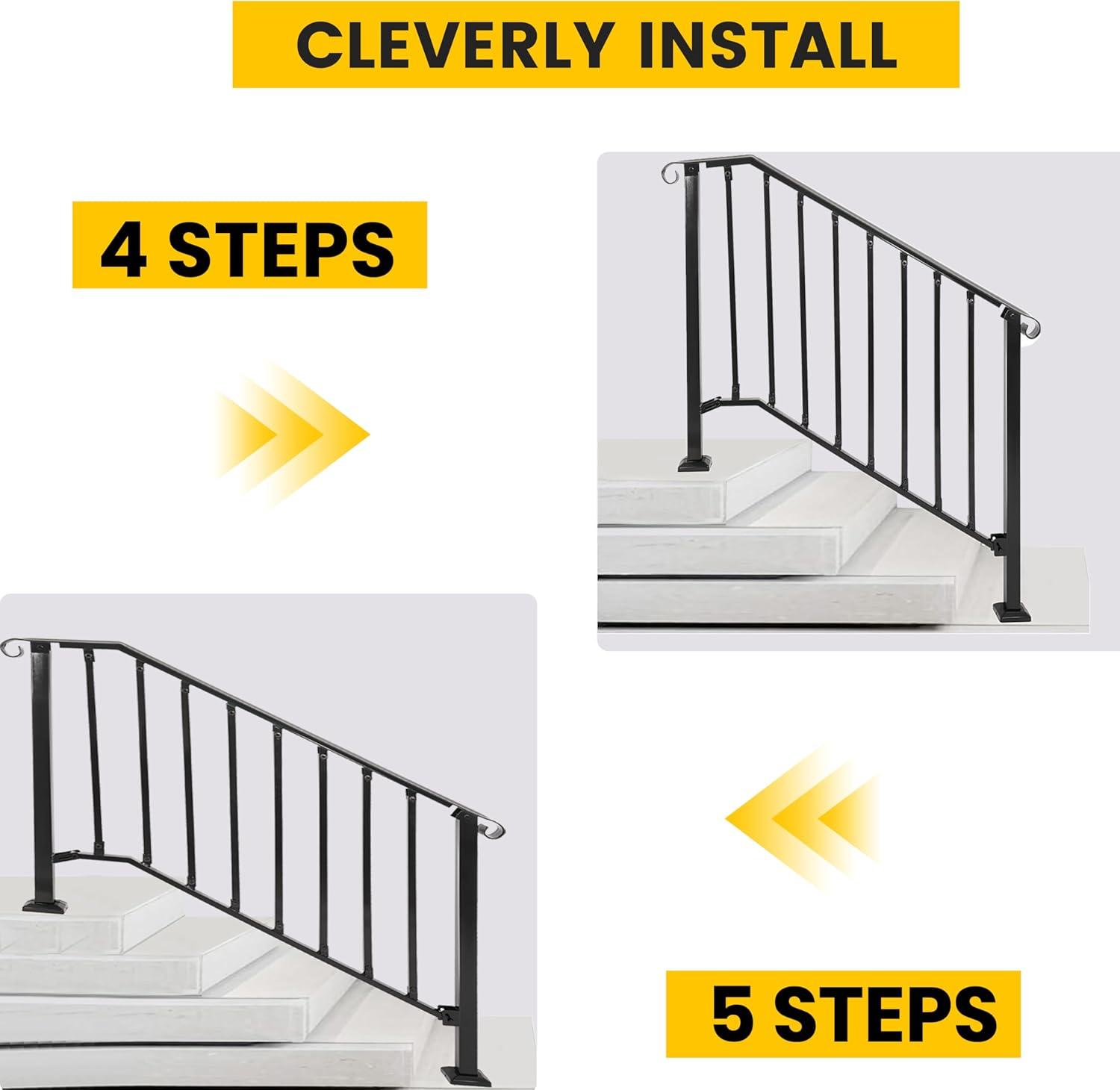 KUAFU 4-5 Step Hand Rail, Handrails for Outdoor Steps, 4-5 Steps Adjustable Outdoor Garden Railing for Stairs Black Steel Powder Coated Heavy Duty