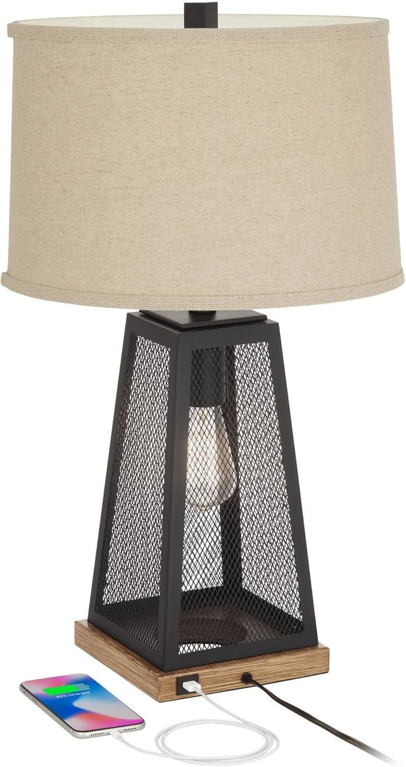 Franklin Iron Works Barris Industrial Table Lamp 26 3/4" High Metal Mesh with Nightlight LED USB Charging Port Burlap Shade for Living Room House Desk