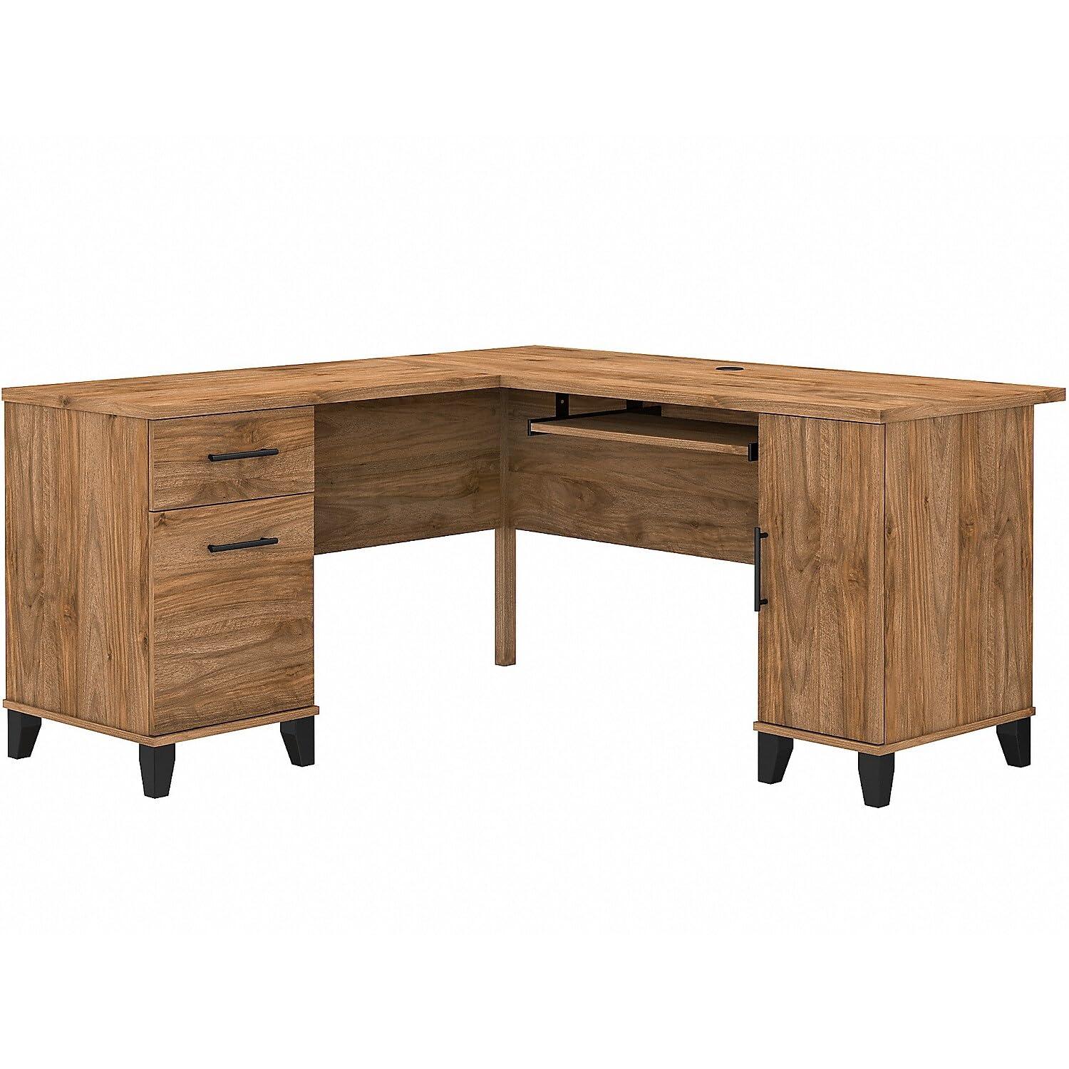 Bush Furniture Somerset 60 in L Desk with Keyboard Tray, File Drawer, Box Drawer and Storage Cabinet in Fresh Walnut (Ships in 2 Boxes)