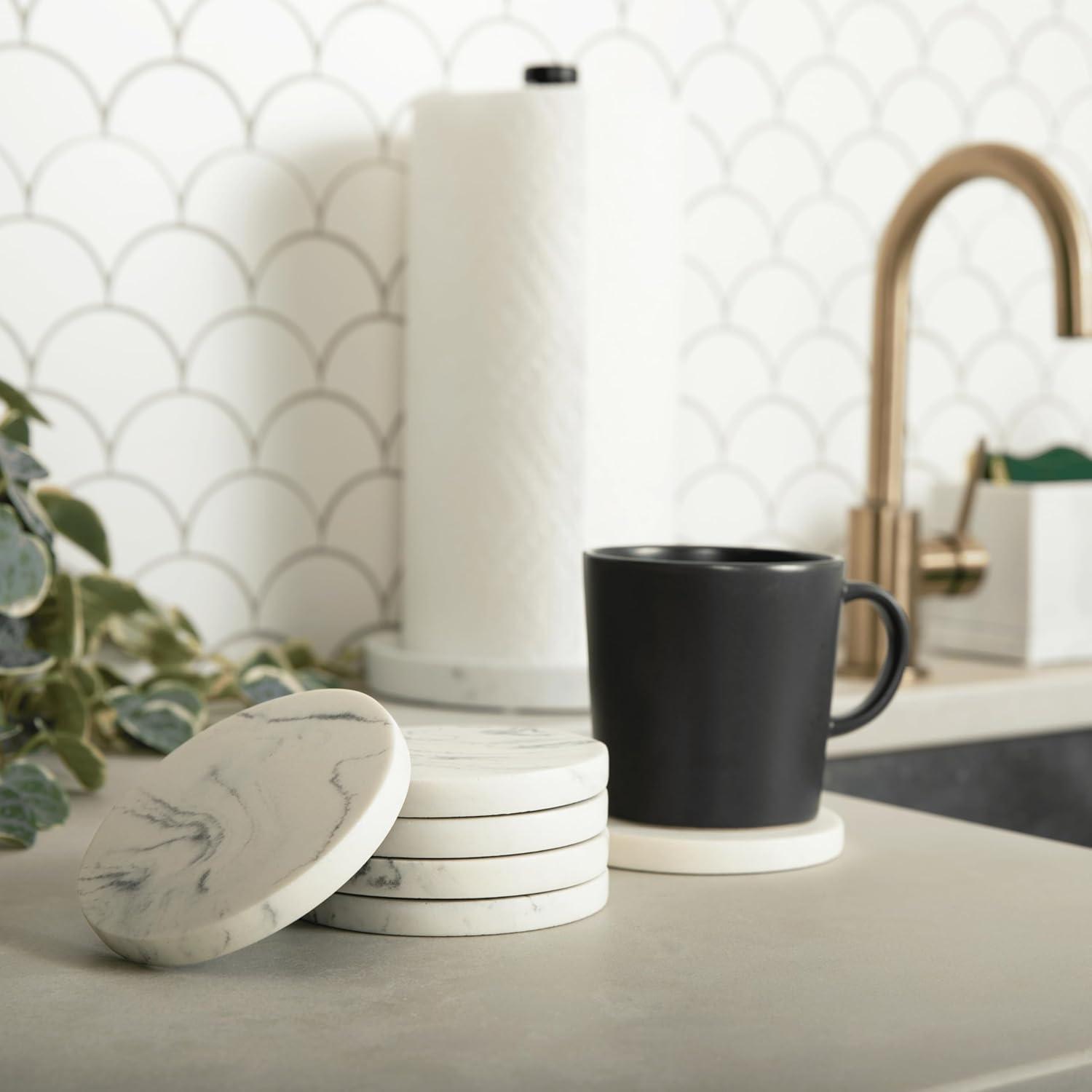 Essentra Home Set of 6 White Marble Coasters for Drinks, Soft Felt Bottom Protects Your Furniture from Scratches, Absorbent 4 Inch Coasters