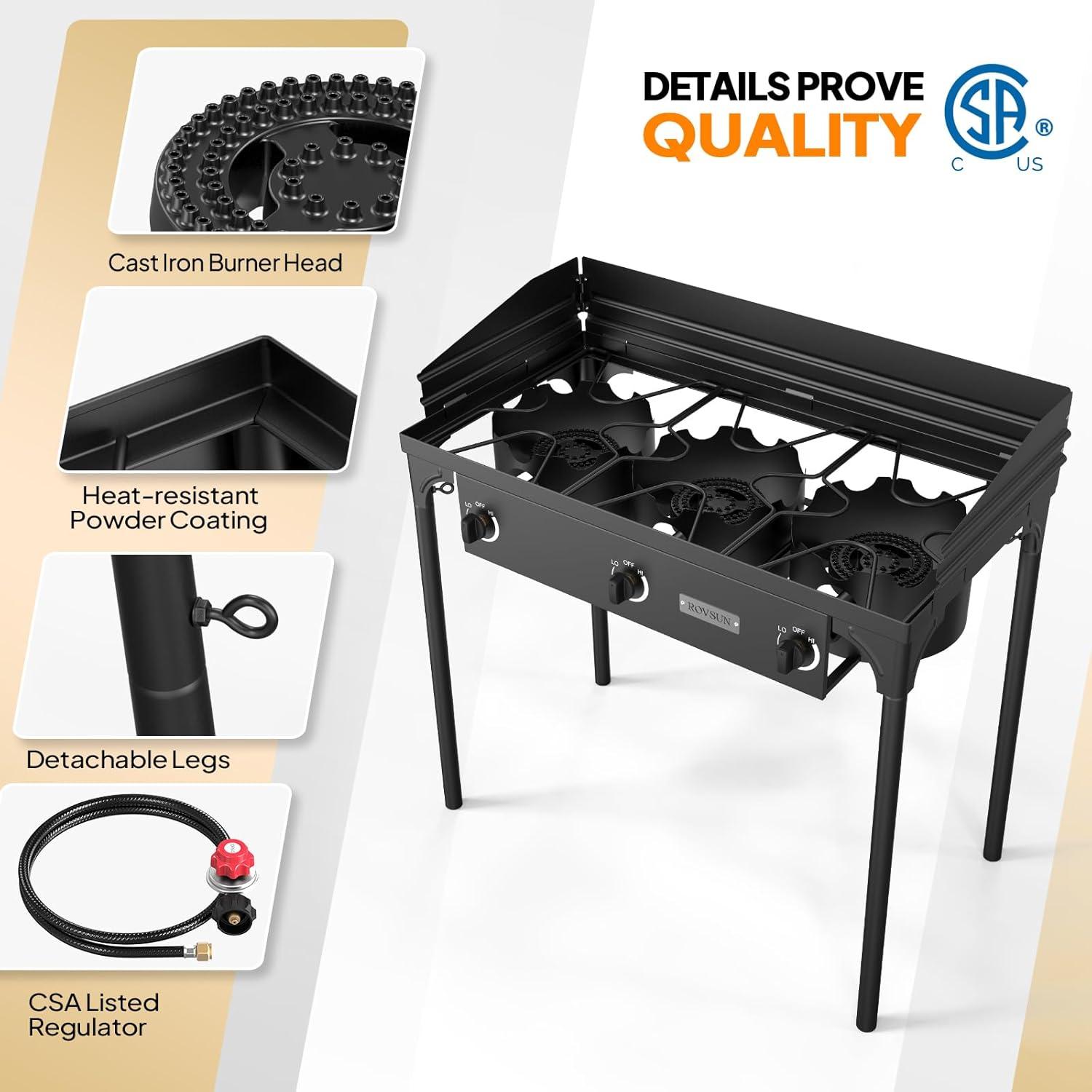 Black Cast Iron 3-Burner Outdoor Propane Gas Stove