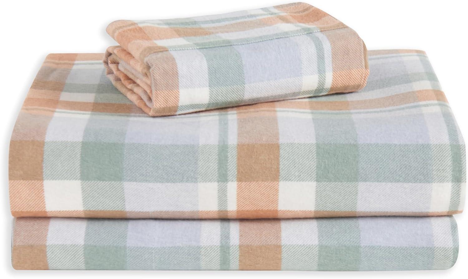 Elegant Comfort Soft 4-Piece Sheet Set - Deep Pocket Fitted Sheet, Soft, Cozy, Warm and Anti-Pill Flannel Sheets - Queen, Plaid Coral