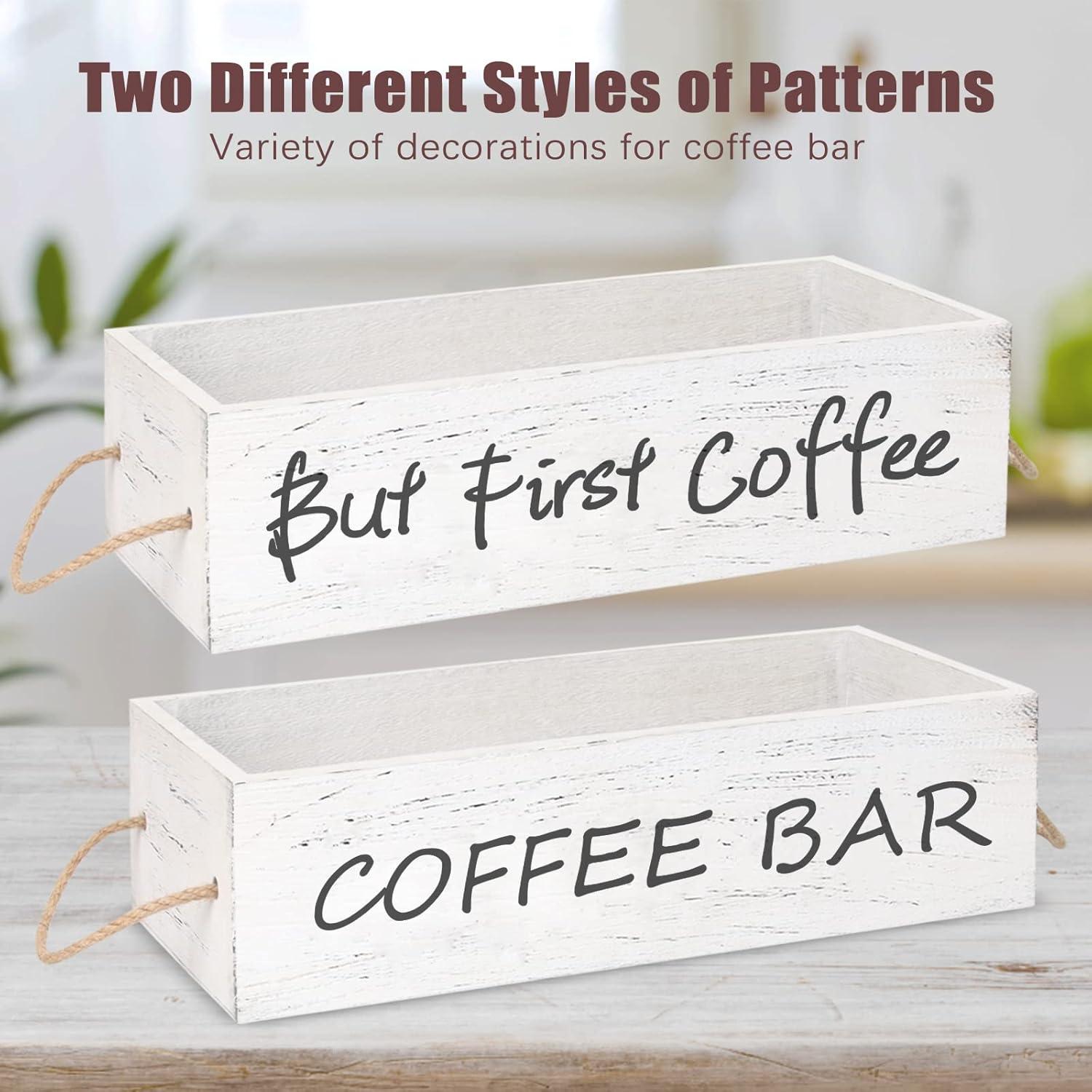 Coffee Station Organizer Wooden Coffee Bar Accessories Organizer for Countertop, Farmhouse Kcup Coffee Pod Holder Storage Basket Coffee Bar Organizer - White