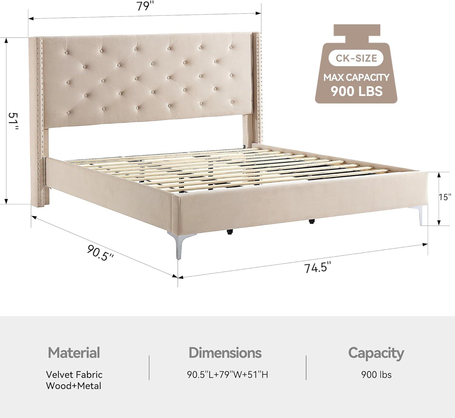 Beige Velvet Upholstered California King Bed with Tufted Headboard