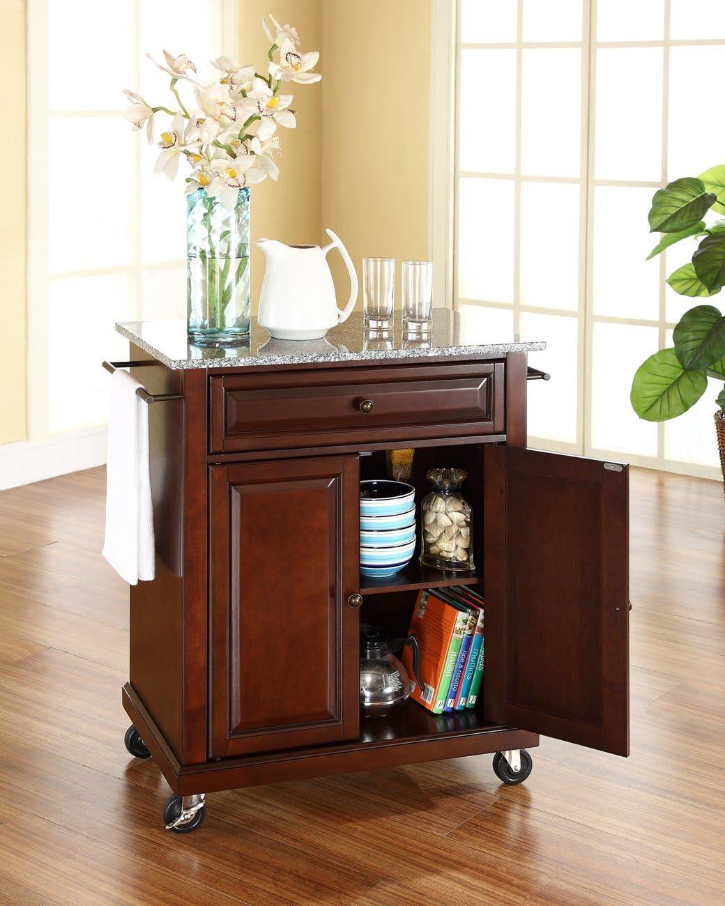 Compact Granite Top Mahogany Kitchen Cart with Ample Storage