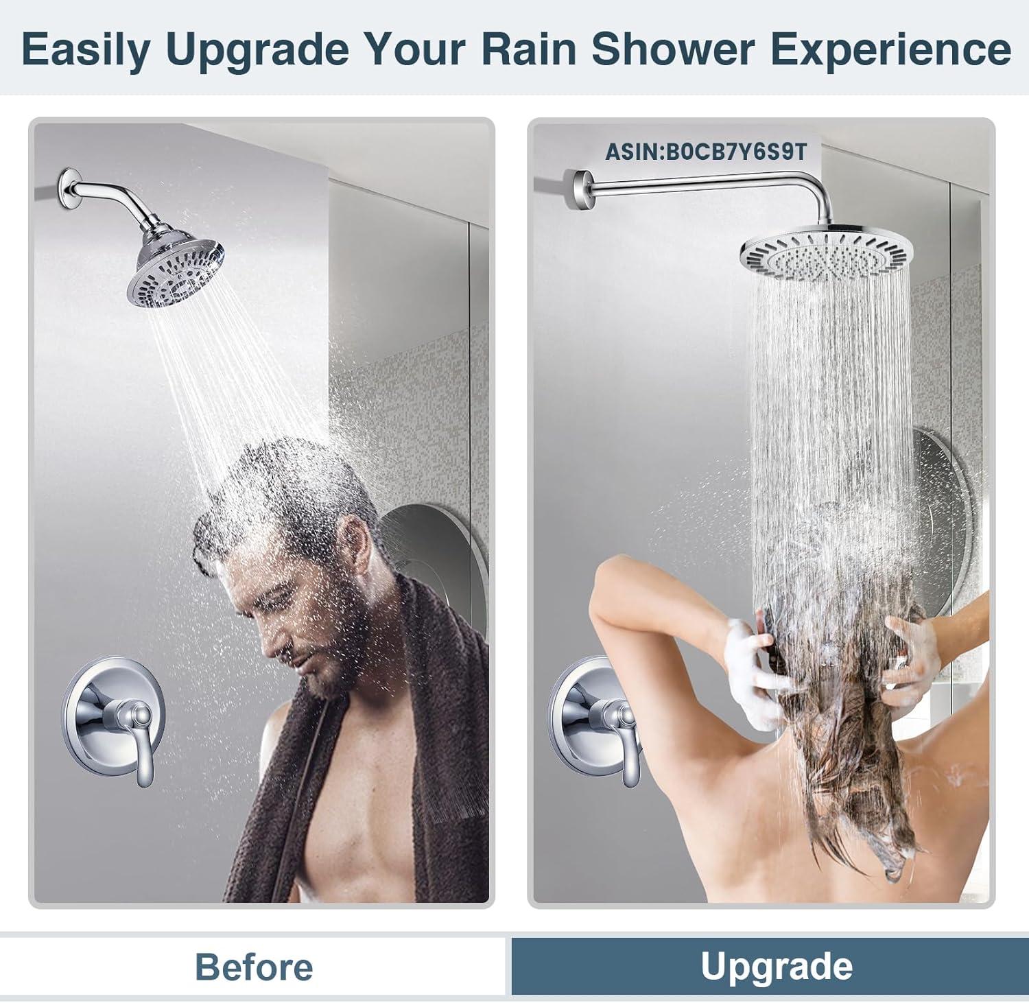 BRIGHT SHOWERS Rain Shower Head, 9 Inch High Pressure Waterfall Showerhead with Adjustable Angle and Anti-clogging Silicone Nozzles, Luxury Bathroom Overhead Rainfall Shower Head, Chrome