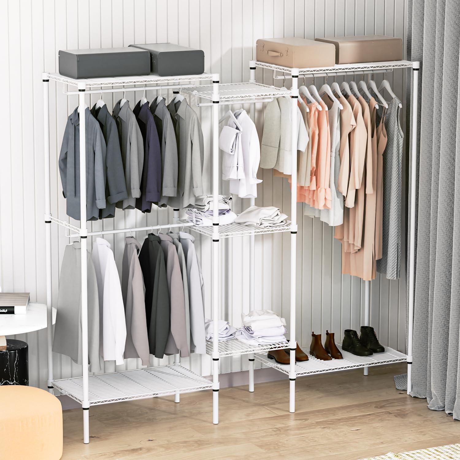 MoNiBloom Heavy Duty Clothes Rack L Shaped Clothing Rack for Corner, Wire Garment Rack Freestanding Wardrobe Rack for Bedroom, 73"Lx13.5"Wx71"H, White