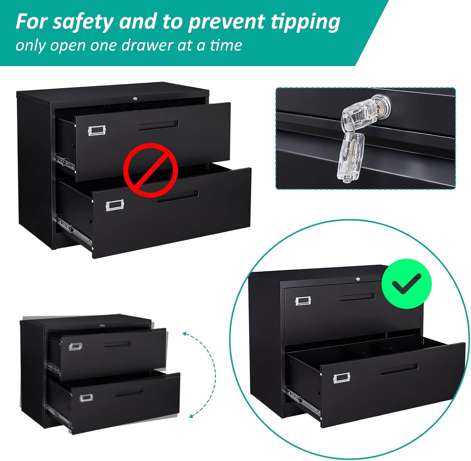 SISESOL 2 Drawer Lateral File Cabinet with Lock,Black Lateral Filing Cabinet,Horizontal Metal Filing Cabinet,Locked Wide Two Drawer File Cabinet for Office Home,Fit A4/F4/Letter/Legal File