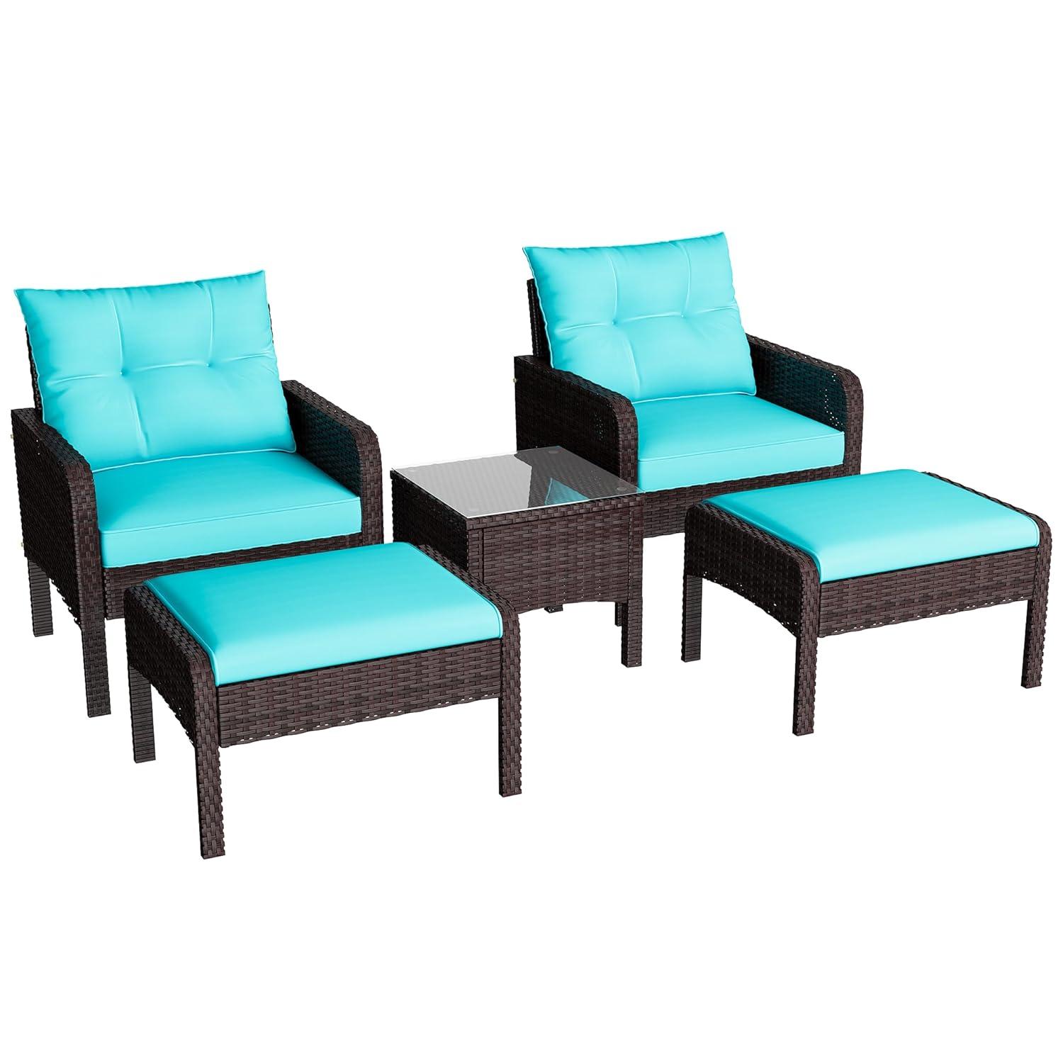 Spaco 5 Pieces Patio Rattan Sofa Ottoman Furniture Set with Cushions, Conversation Set with 2 Single Chairs, 2 Ottomans and A Side Table, Ottoman Furniture Set for Outdoor, Turquoise