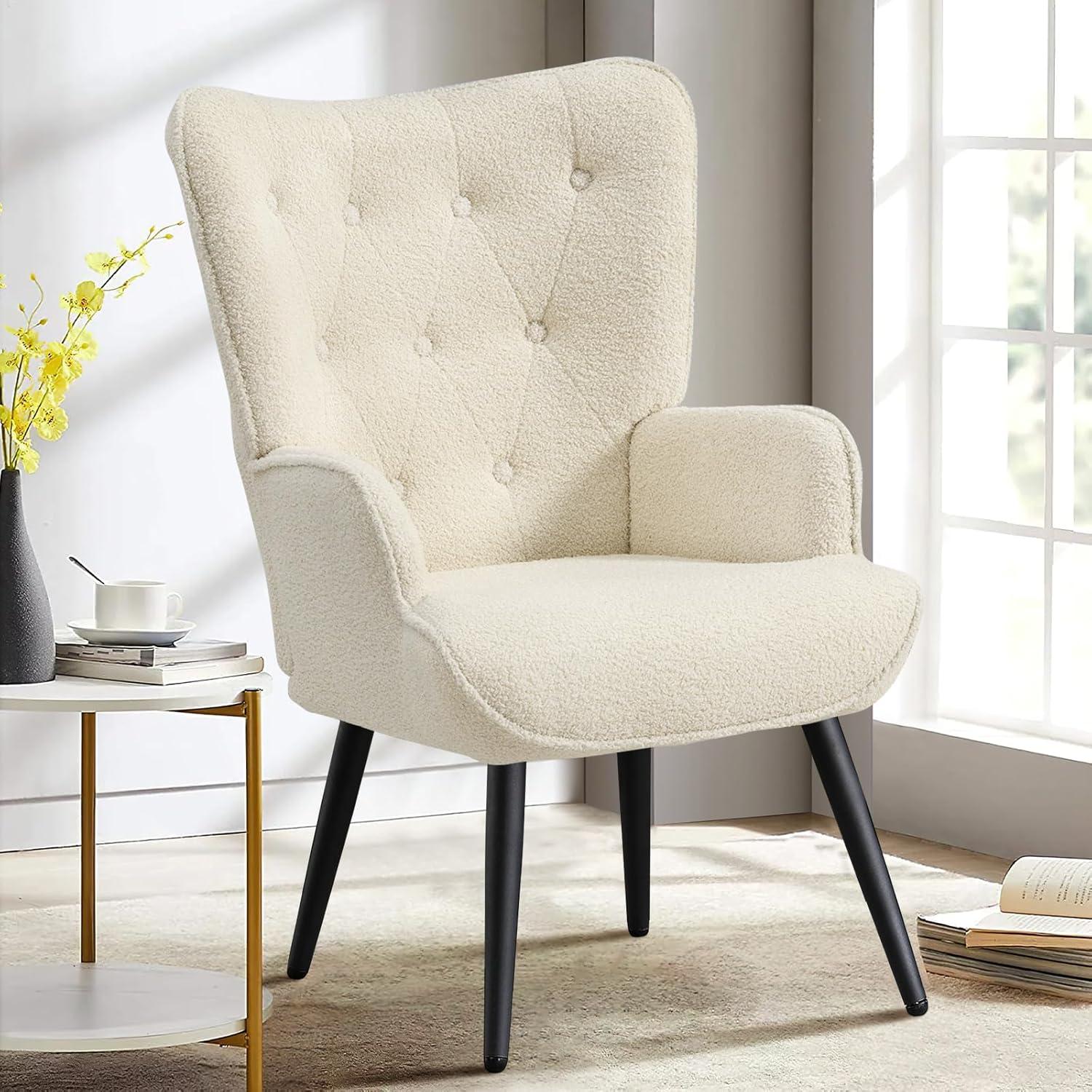 Furniliving Tufted Button Wingback Chair Upholstered Sherpa Accent Chair with Wide Arm Modern Leisure Club Chair, Lvory white