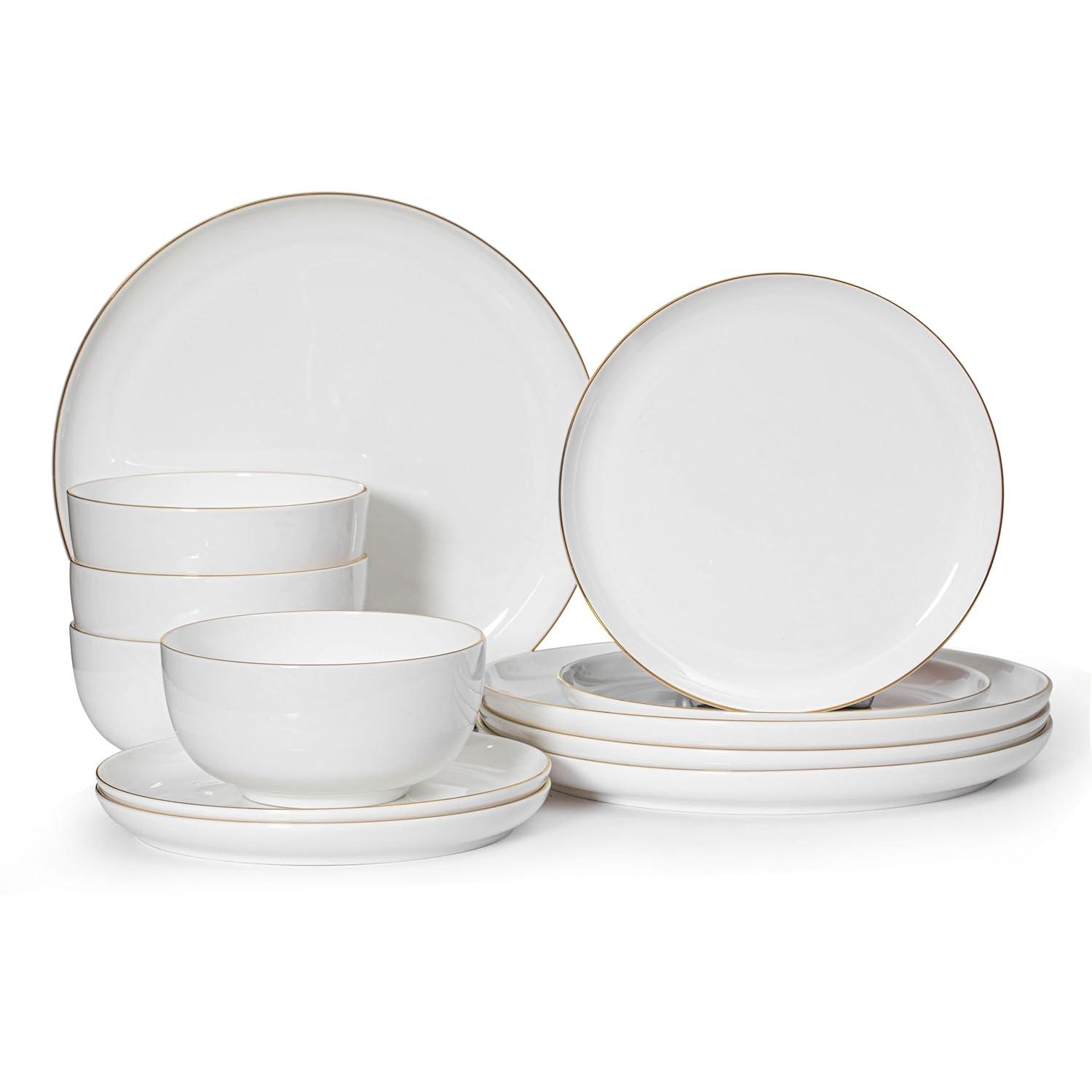 Dinewares White with Gold Rim Bone China Dinnerware Set - Service for 4, Includes Dinner Plates, Salad Plates, and Cereal or Soup Bowls