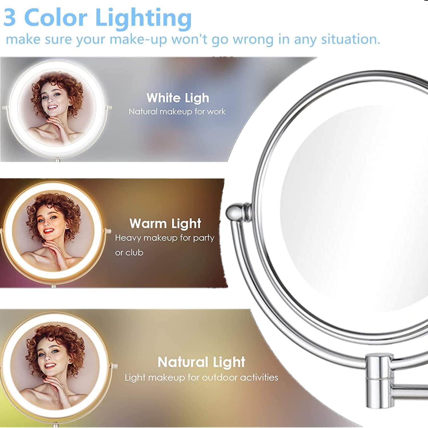 8.5 Inch Wall Makeup Mirror with 3 Tones LED Lights,Double Sided Vanity Mirror for Bathroom 10X Magnification,Plug Powered (Black/10X)