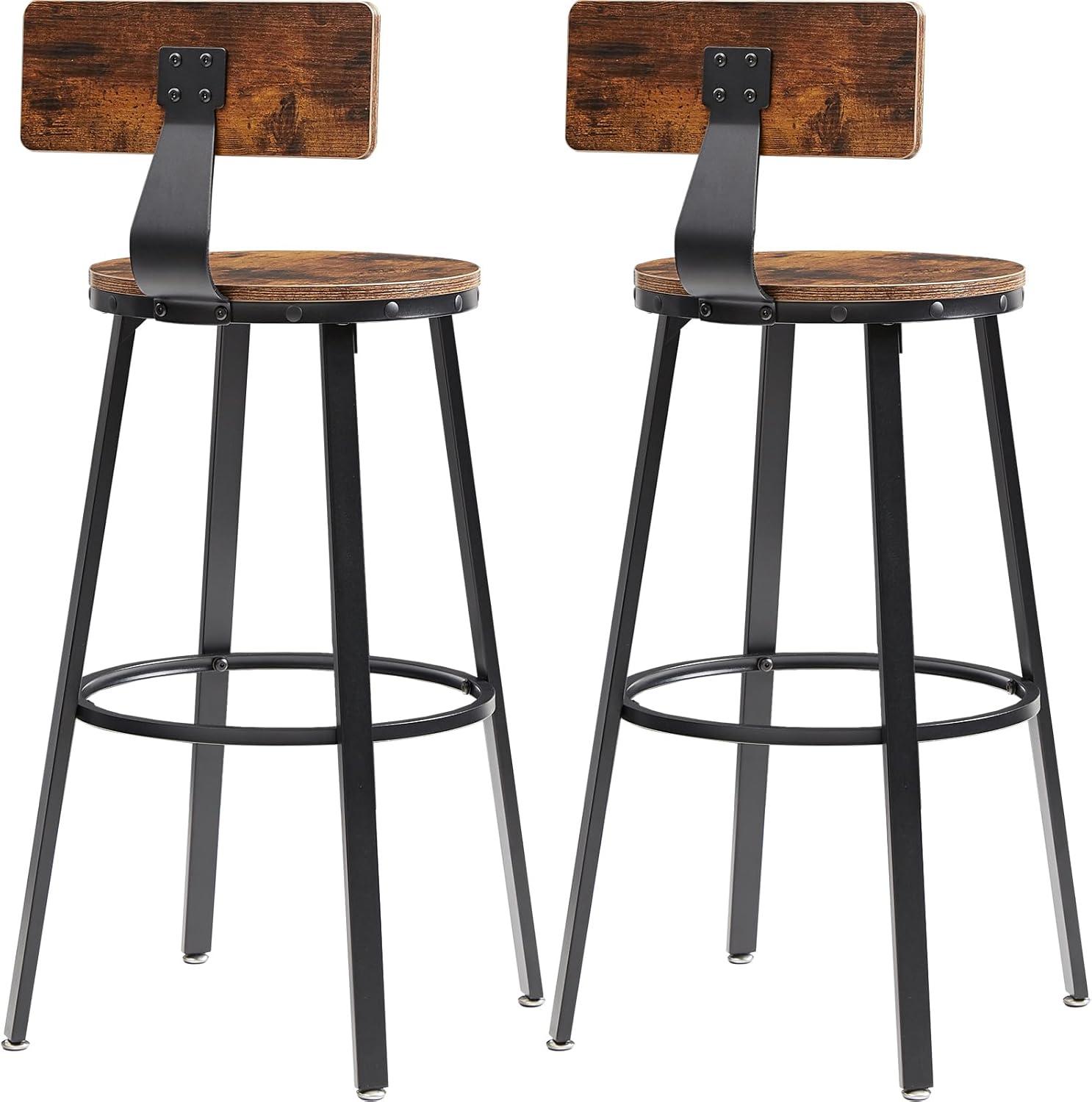 VEVOR Rustic Bar Stools, 25.6” Tall Rectangle Seat, Set of 2 Bar Chairs with Footrest Steel Frame Adjustable Feet, Wooden Industrial Kitchen Stool for Kitchen Dining Living Room, Rustic Brown