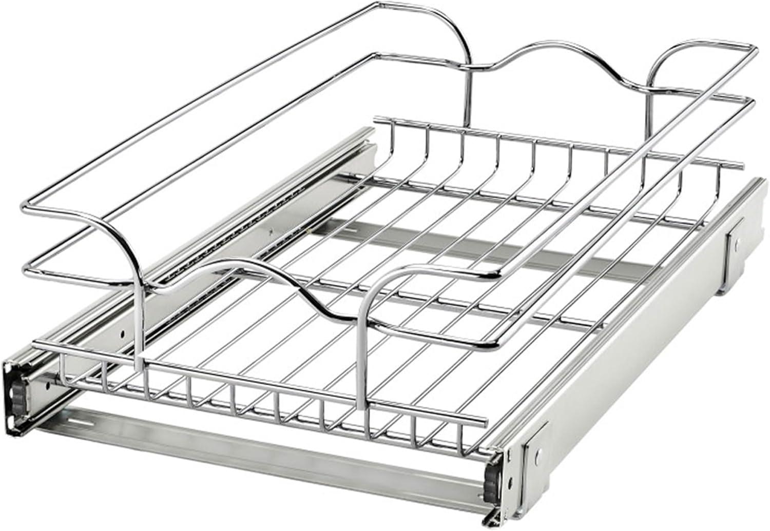 Rev-A-Shelf 5WB1-0918 Single Wire Basket Pull Out Shelf Storage Organizer for Kitchen Base Cabinets, Silver