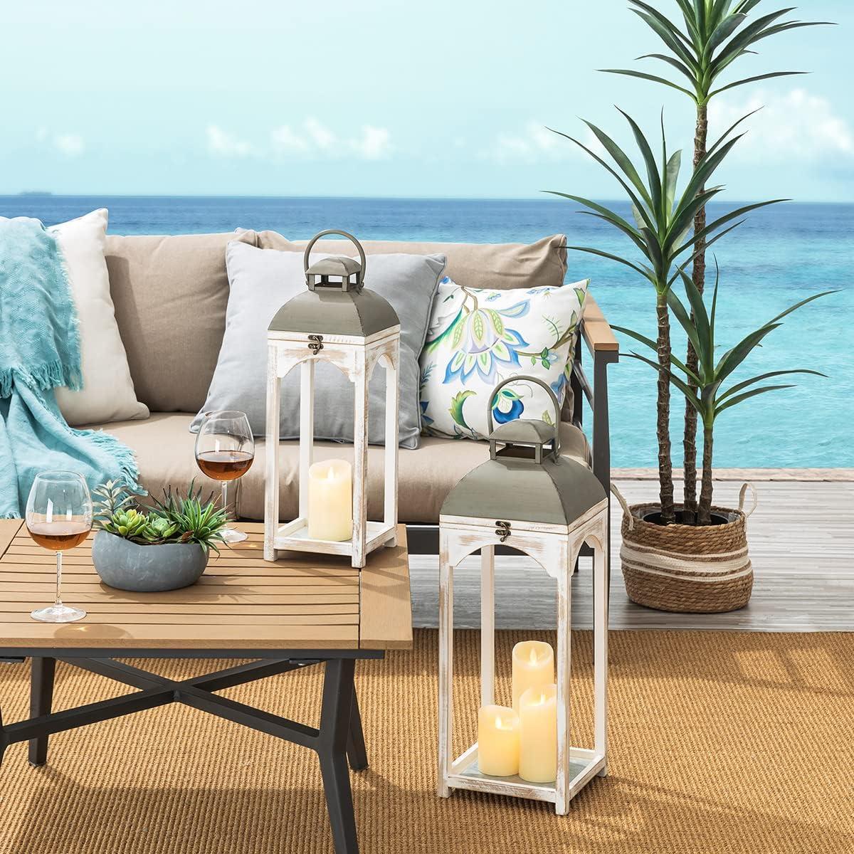 Farmhouse Wood Metal Lanterns Decorative Hanging Candle Lanterns White Set of 2 (No Glass)