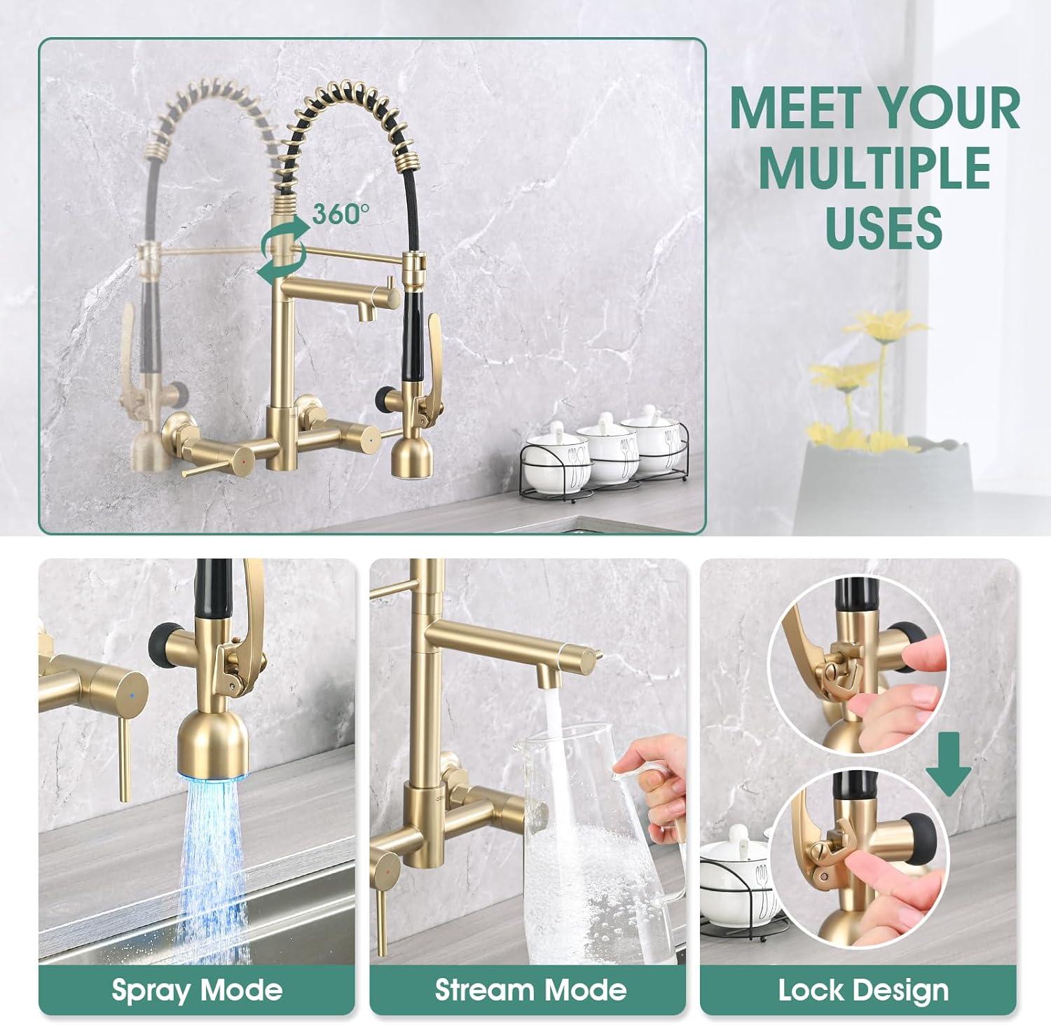 Brushed Golden Stainless Steel Wall Mount Kitchen Faucet with LED Sprayer