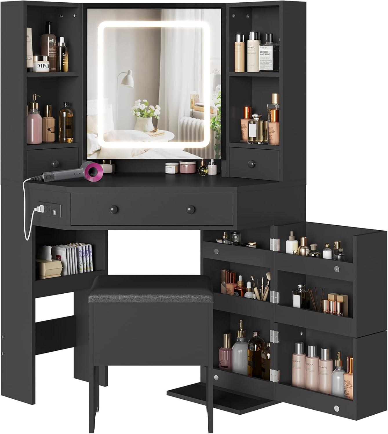 Afuhokles Corner Vanity Set with Lighted Mirror and Charging Station, Vanity Desk with Stool, Rotating Shelves, Black