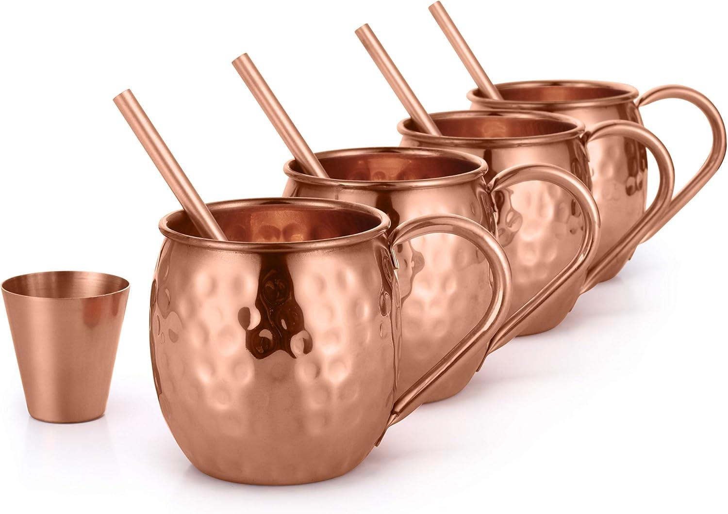 AVADOR Set of 4 Handcrafted 100% Pure Copper Moscow Mule Mugs Hammered Finish 16 Oz. Gift Set Boxed with Shot Glass and Copper Straws