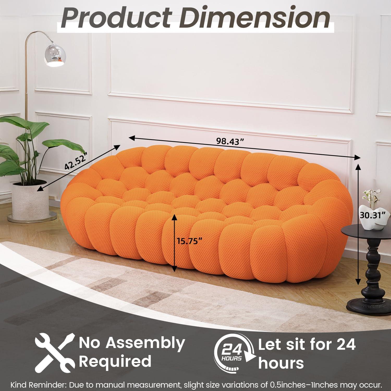 Bubble Couch, 98.43'' Modern 3-Seater Lazy Floor Couch, Memory Foam Bubble Round Sofa 3D Honeycomb Shape Curved Sofas for Living Room, Office, Apartment (Orange)