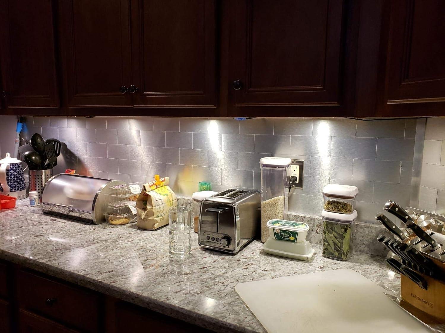 Brushed Silver Peel and Stick Rectangular Backsplash Tiles