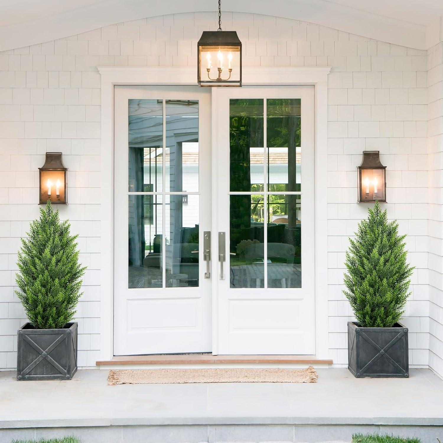 5ft Artificial Cedar Topiary Trees for Outdoors, Fake Cypress Plants with Solar Light String, Faux uv resistant Plants for Home Front Porch Decor, Housewarming Gift