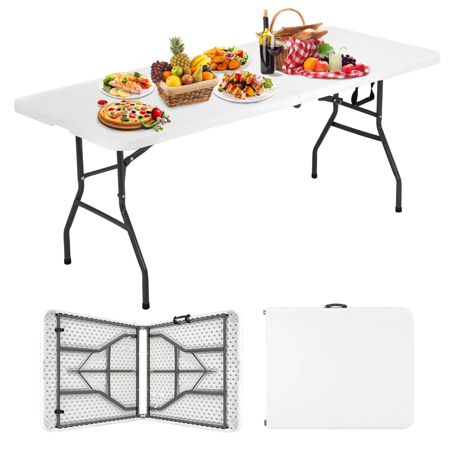 6 Foot Folding Table, Portable Plastic Dining Table, Fold-in-Half Heavy Duty Table Indoor Outdoor for Camping, Picnic, Party, BBQ, Wedding, White