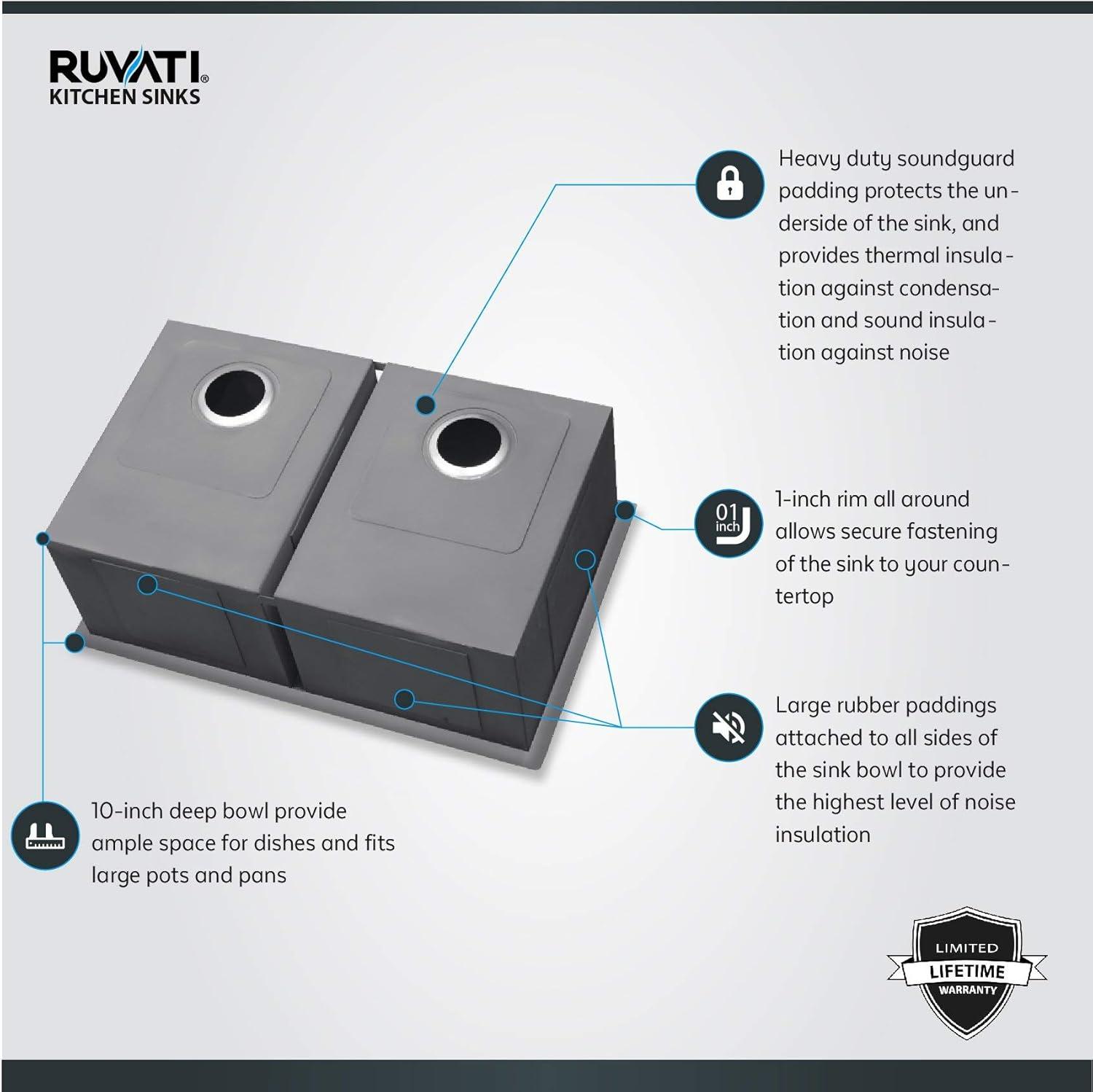 Ruvati 30-inch Undermount 50/50 Double Bowl Zero Radius 16 Gauge Stainless Steel Kitchen Sink