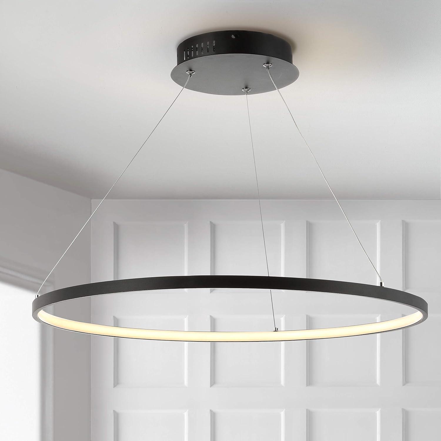 JONATHAN Y Brice 23.75" Modern Contemporary Metal Round Integrated LED Pendant, Matte Black