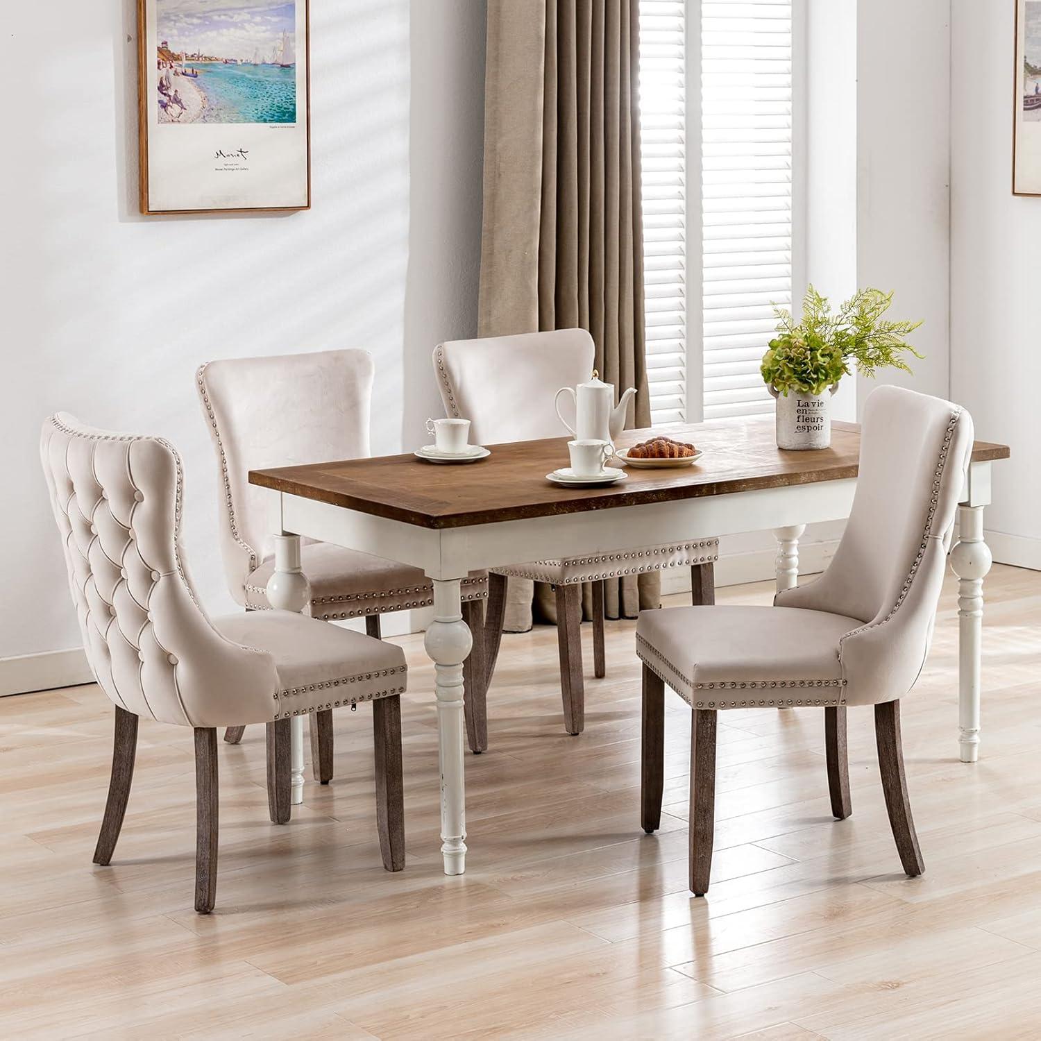 ODUSE-DAILY Beige Velvet Dining Chairs Set of 6, Kitchen & Dining Room Chairs, Sillas De Comedor, Nailheads Tufted, Fabric Upholstered, Solid Wood Frame (Beige, 6 Pcs)