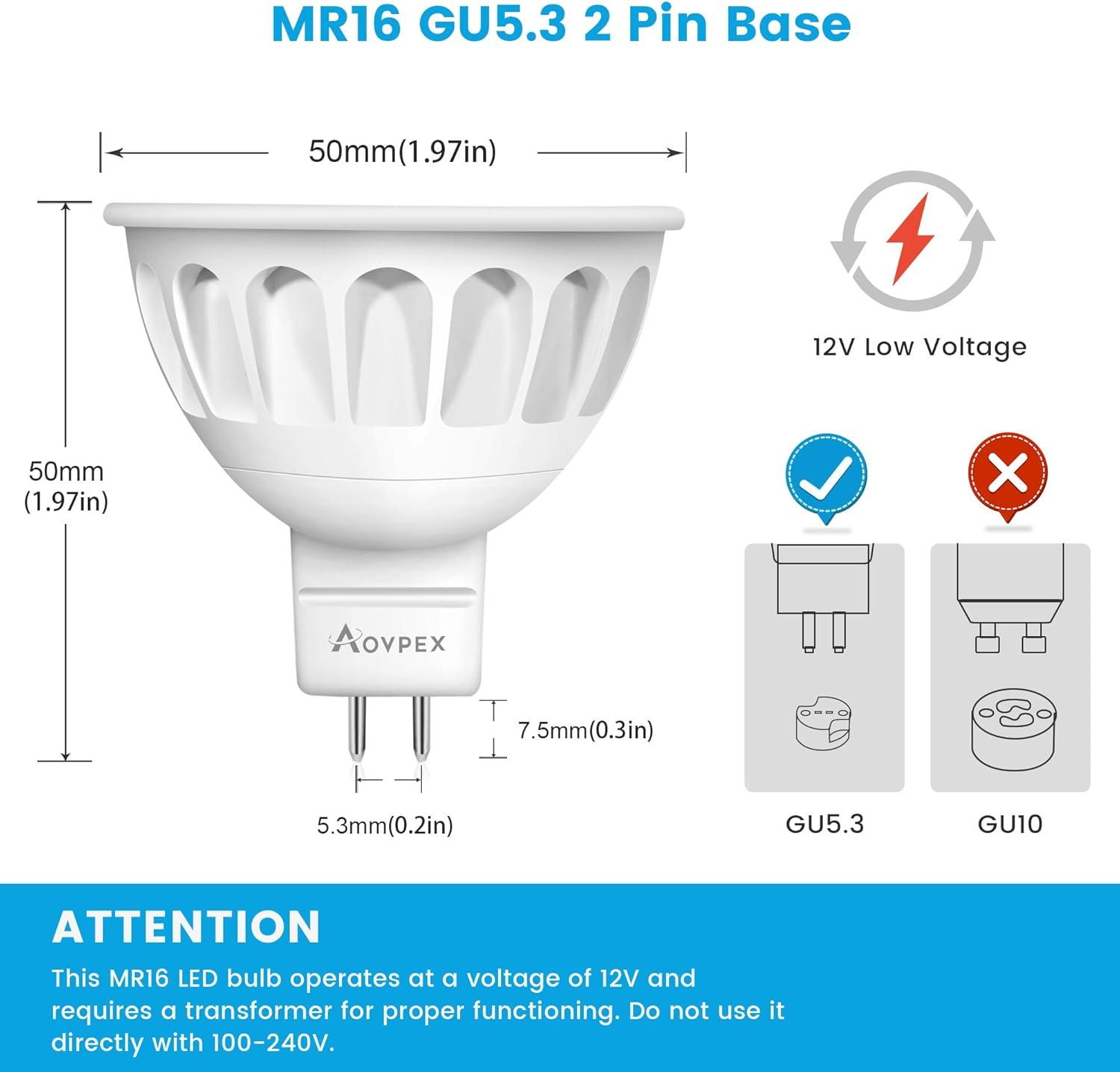 MR16 LED Bulb Dimmable 12V 5W 50W Equivalent 450LM GU5.3 Bipin Base 3000K Warm White Spot Light Bulbs 6-Pack