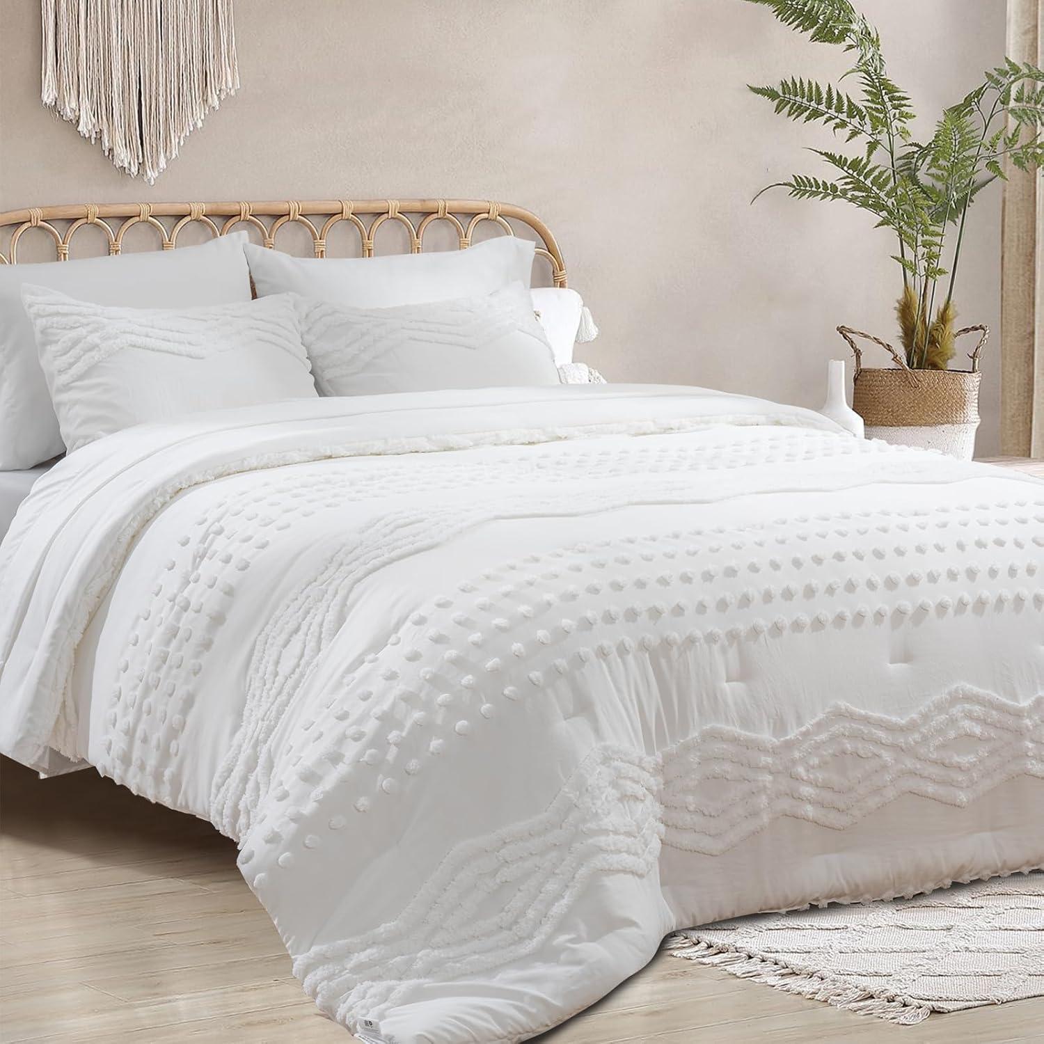 EVERGRACE King Size Comforter Set 7 Pieces Bed in a Bag for College Dorm, White Tufted Shabby Chic Boho Comforter and Sheet Set with Pom Pom Textured, Soft Fluffy Farmhouse Complete Bedding Set