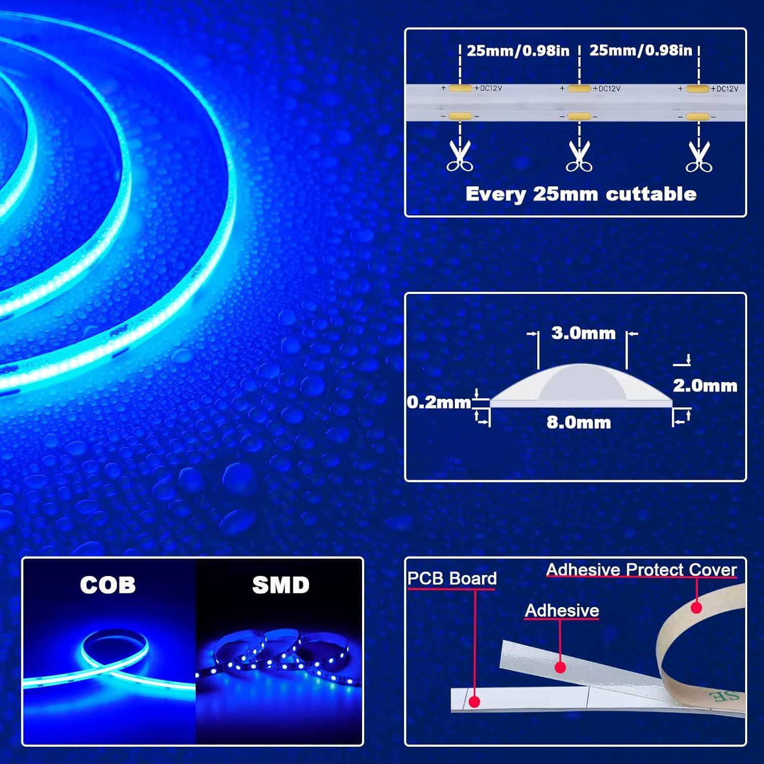 12V COB LED Strip Light Daylight White 5000K Waterproof IP65 480LEDs/M Super Bright 4000Lm CRI>90 16.4ft/5M Dotless High Density Cuttable Flexible for Cabinet Home DIY Lighting Projects