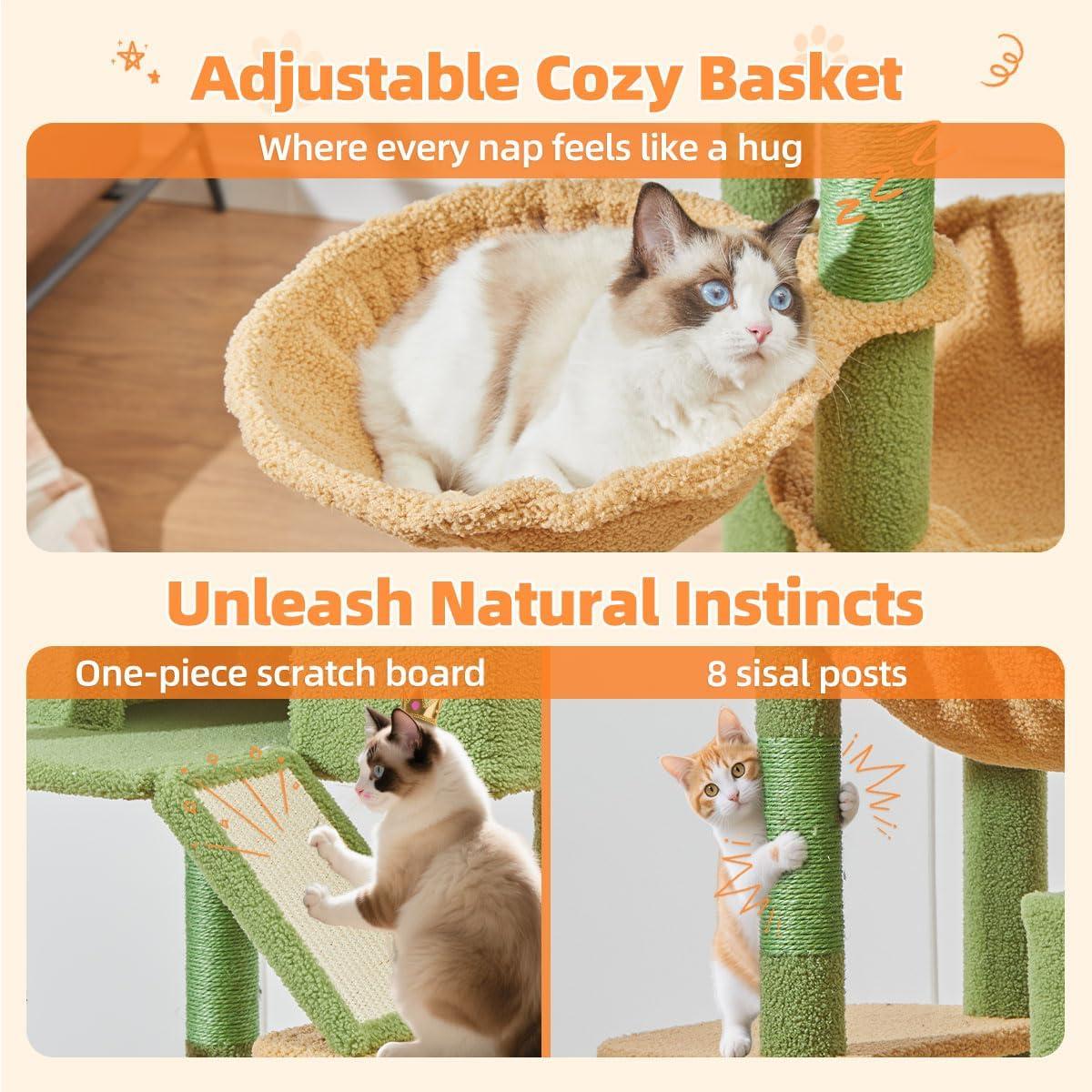 71-Inch Large Cat Tree For Large Cats Plush Multi-Level Cat Condo With 8 Scratching Posts 2 Perches Cave Hammock 2 Pompoms Scratch Board