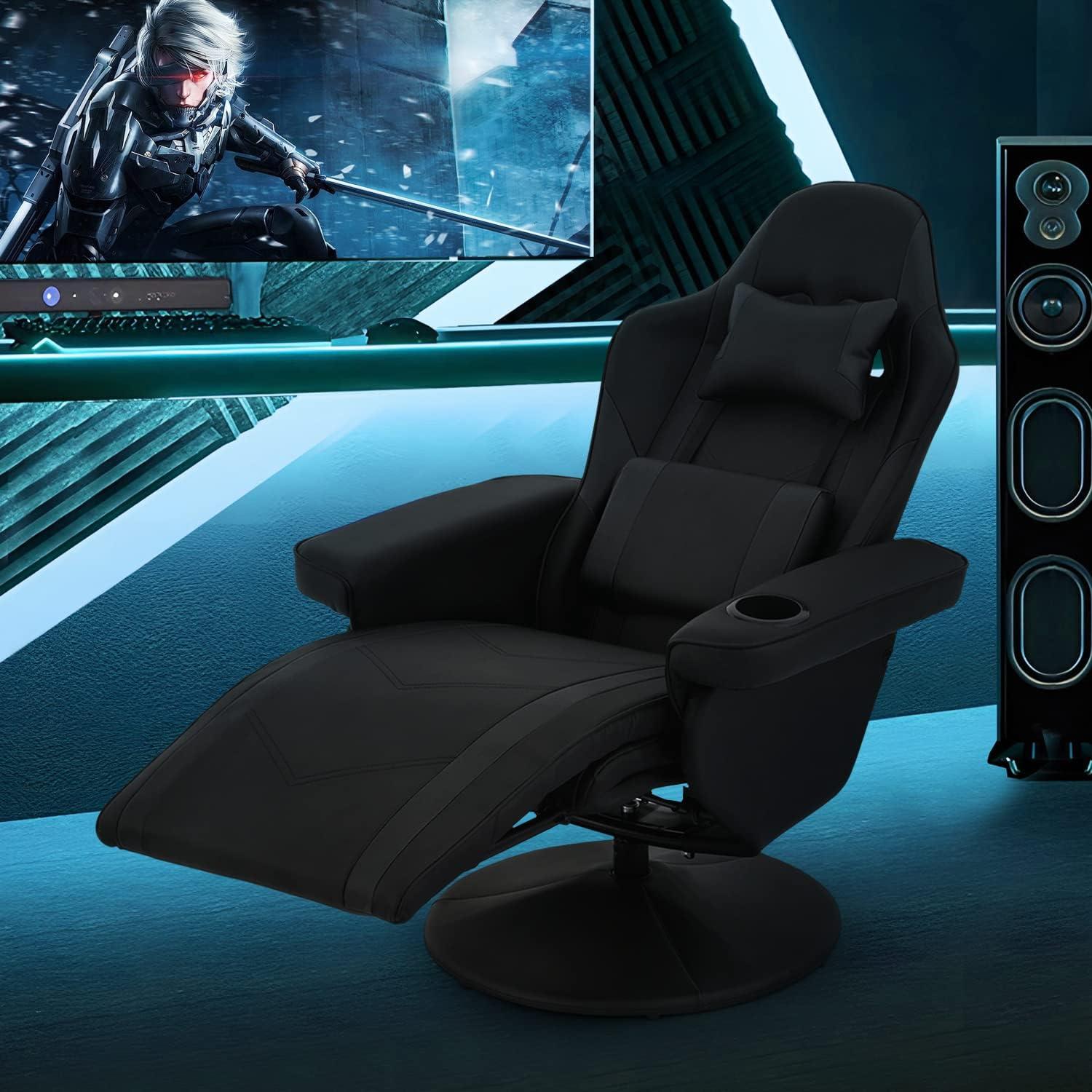 MoNiBloom Video Game Chair, PU Leather Gaming Recliner Chair with Footrest, Adjustable Lumbar Support & Headrest Chair for Home, Black