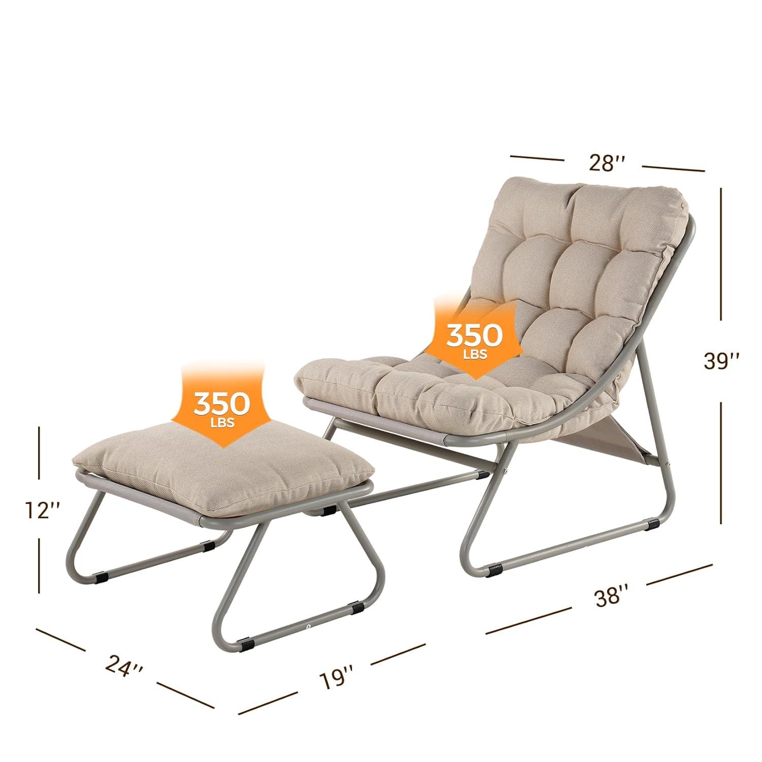 Grand Patio Outdoor Lounge Chair with Ottoman, Comfy Sling Recliner Chair with Puffy Cushion, Samba Modern Steel Patio Furniture Set for Porch Deck Garden Living Room, Champagne Gray