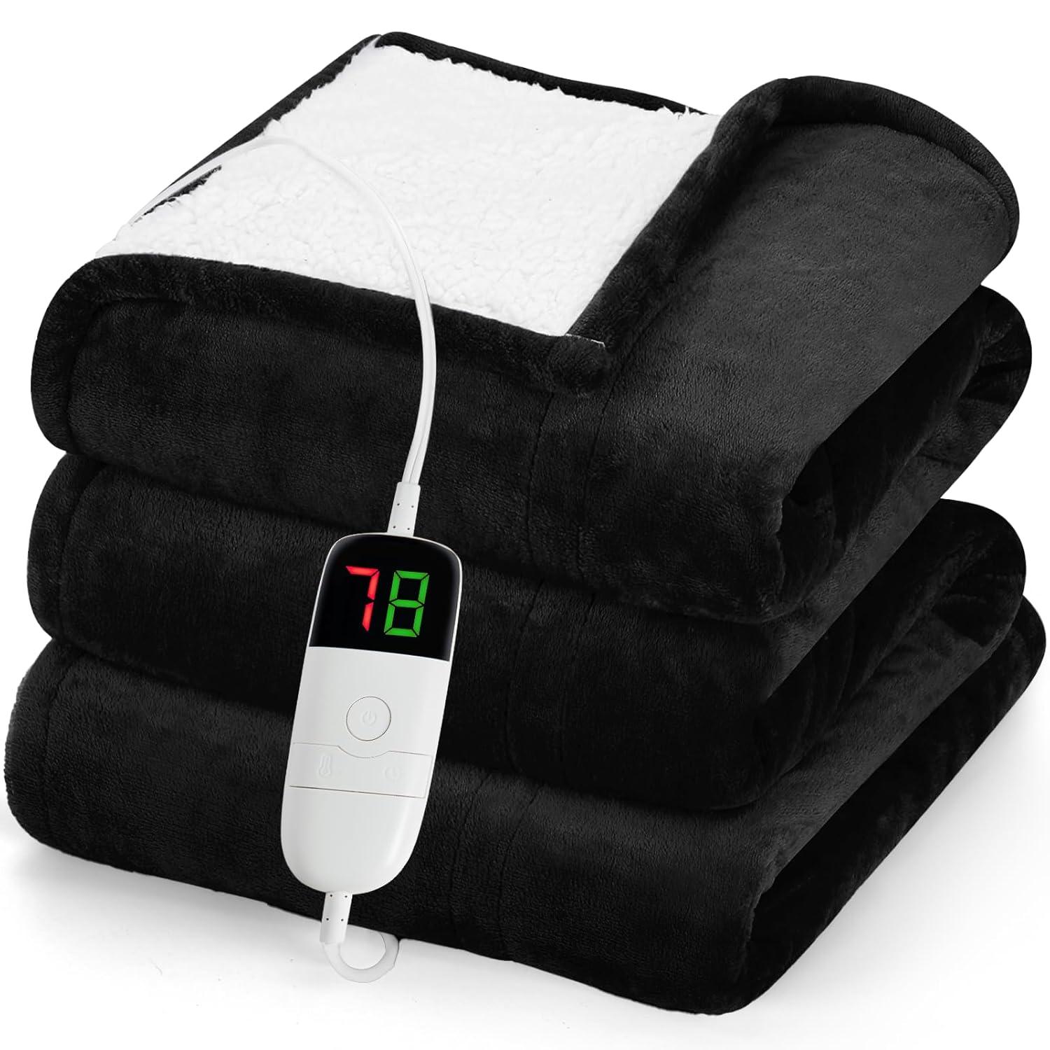 greenoak Heated Blanket Electric Throw 50"X60", Heating Blanket with 10 Heat Levels 1/2/4/6/8 Hours Auto-Off Overheat Protection, Flannel Sherpa Soft Warm Heater, ETL Certified Lacquered Black