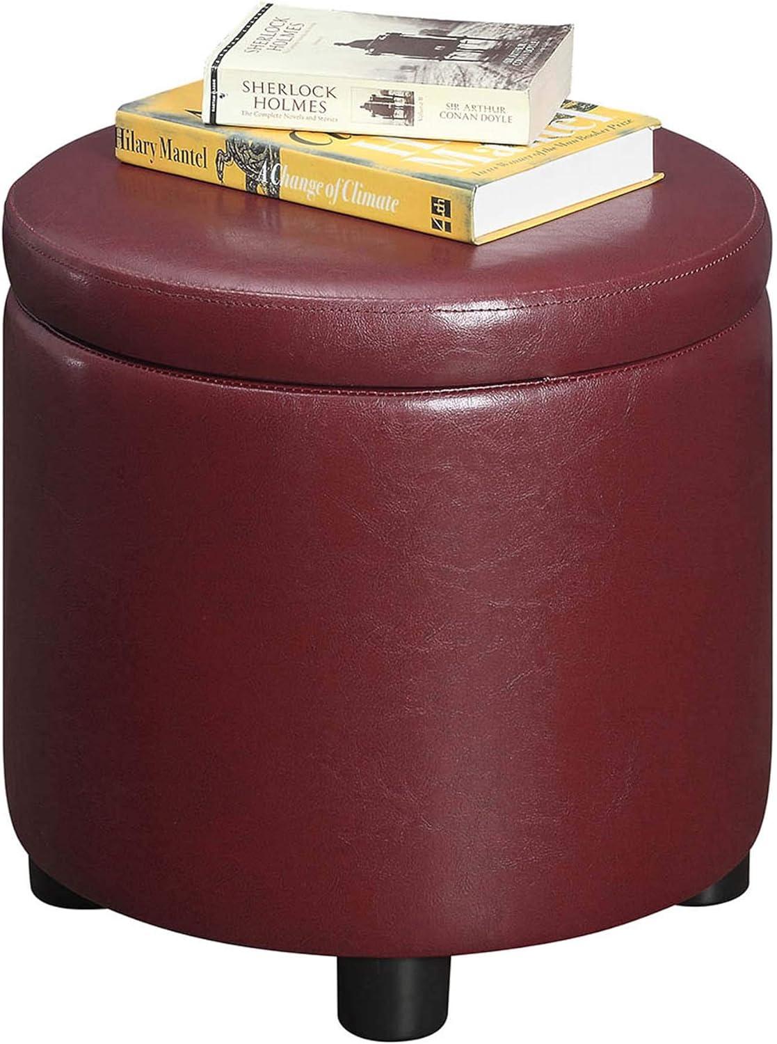Designs4Comfort Round Accent Storage Ottoman with Reversible Tray Lid, Burgundy Faux Leather