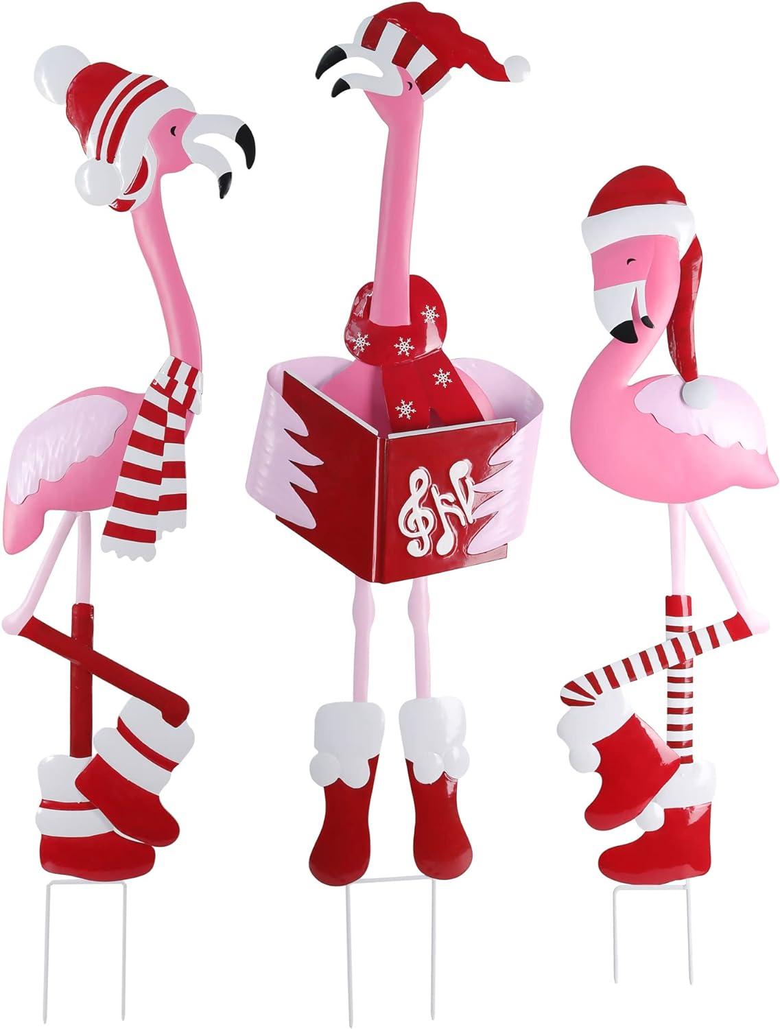 Festive Metal Christmas Caroling Flamingo Trio Yard Decor