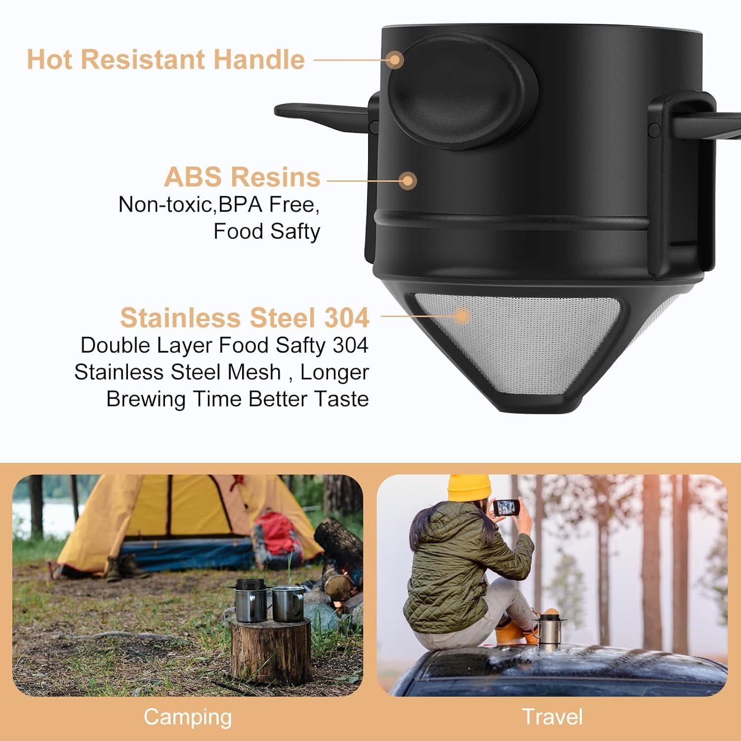 OUHGE Pour Over Coffee Maker Portable Stainless Reusable Coffee Filter Mini Paperless Single 1 Cup Coffee Cup For Travel Camping, Black