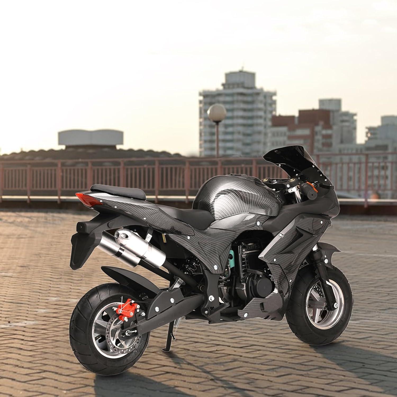 Mini Pocket Bike Motorcycle 49cc 4-Stroke Gas Bike Motorbike with Front Rear Disc Brakes, Gas Pocket Motorbike Racing Max Speed 25MPH, Dual Headlights Black