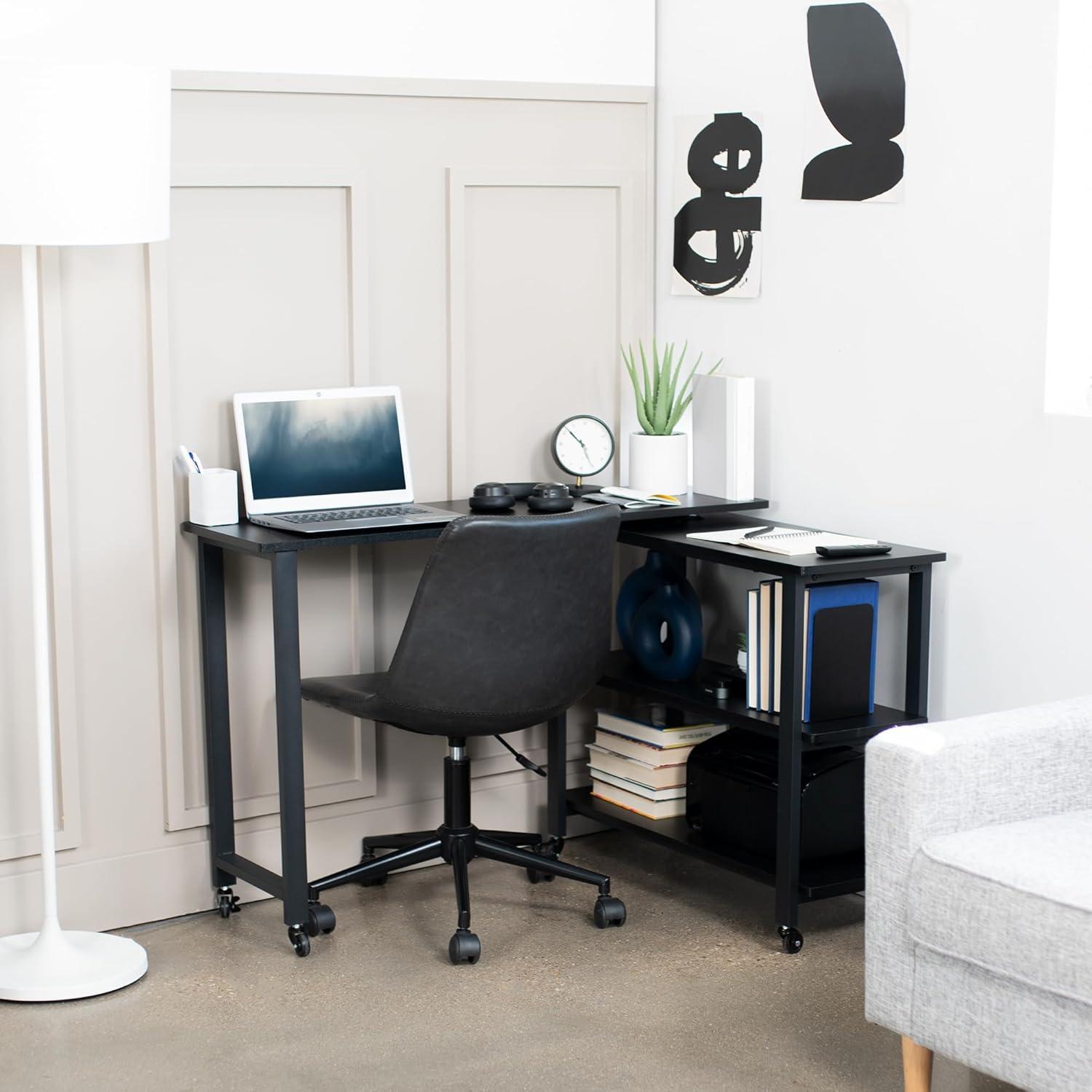 Black Glossy Particle Board Mobile Corner Writing Desk with Drawer