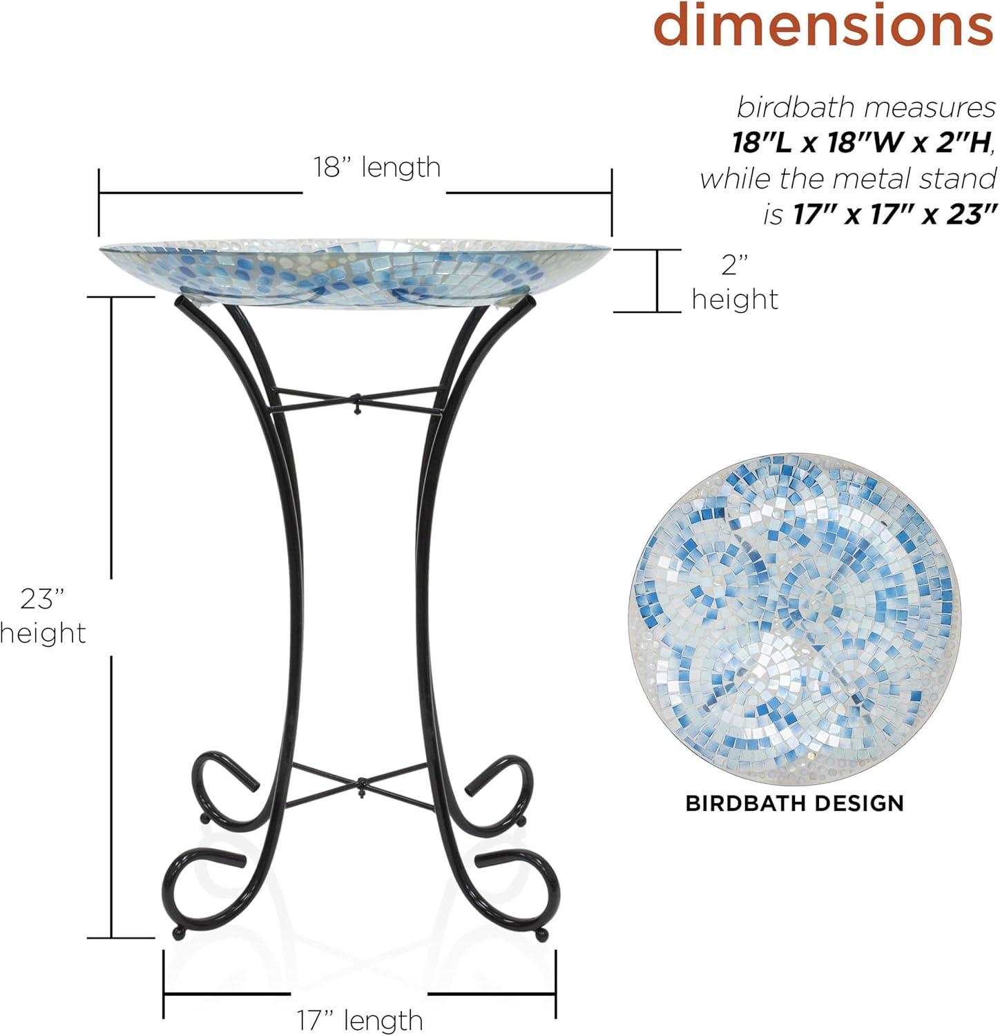 23" Outdoor Mosaic Glass Birdbath Bowl with Metal Stand Blue - Alpine Corporation: Weather-Resistant, Freestanding