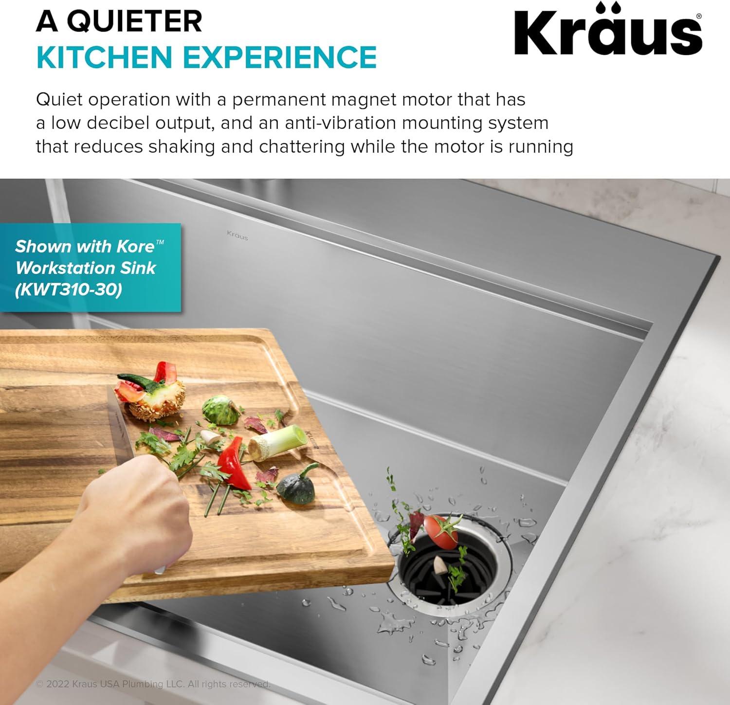 Kraus KRAUS Wasteguard High-Speed 1 HP Continuous Feed Ultra-Quiet Motor Garbage Disposal With Power Cord And Flange Included And Universal Mount, KWD200-100MGR
