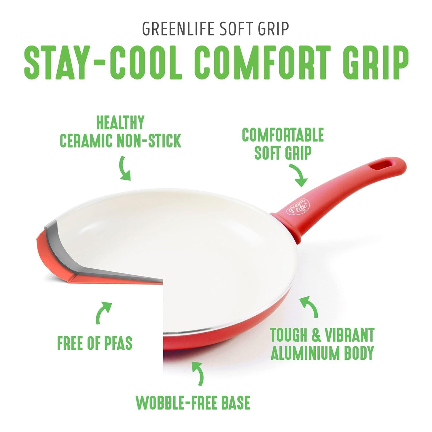 GreenLife 16 Piece Nonstick Cookware Set, Soft Grip Non-Toxic PFAS-Free Ceramic Pots & Pans, Dishwasher & Oven Safe, Frying, Sauce, Saute, Utensils, Glass Lids, Stay-Cool Handles, Wobble Free, Red
