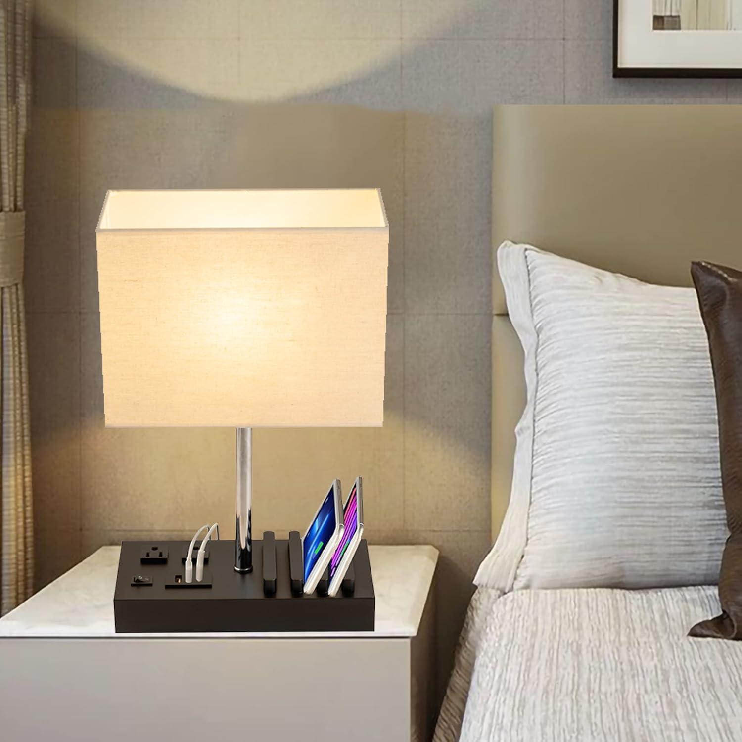 Modern Black Wood Table Lamp with USB and AC Charging Ports