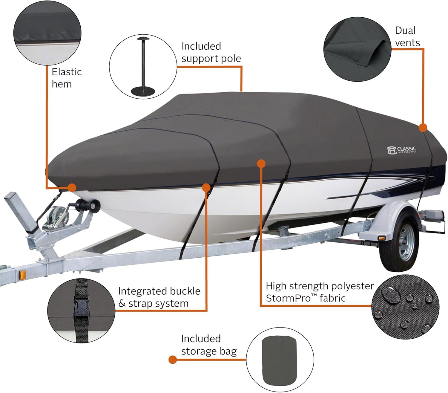 Classic Accessories StormPro™ Heavy Duty Boat Cover with Support Pole, Fits Boats 22' - 24' L x 116" W, Trailerable Boat Cover, Model F, Charcoal