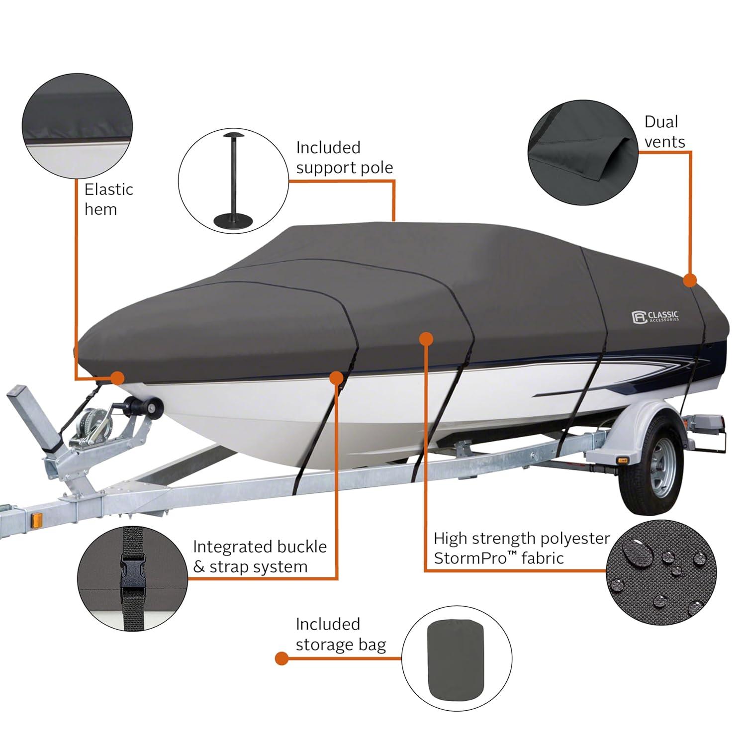 Classic Accessories StormPro™ Heavy Duty Boat Cover with Support Pole, Fits Boats 22' - 24' L x 116" W, Trailerable Boat Cover, Model F, Charcoal