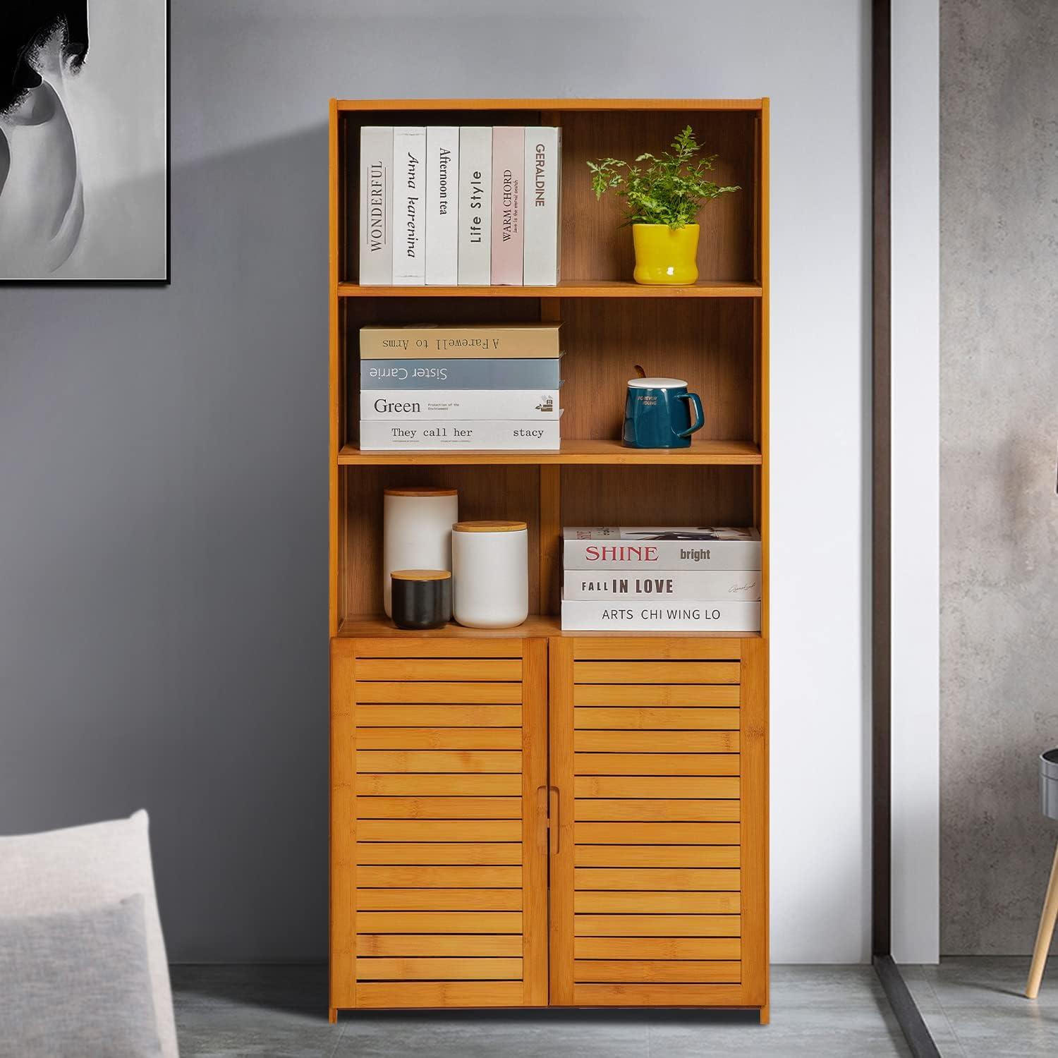 Brown Bamboo 5-Tier Bookcase with Shutter Doors