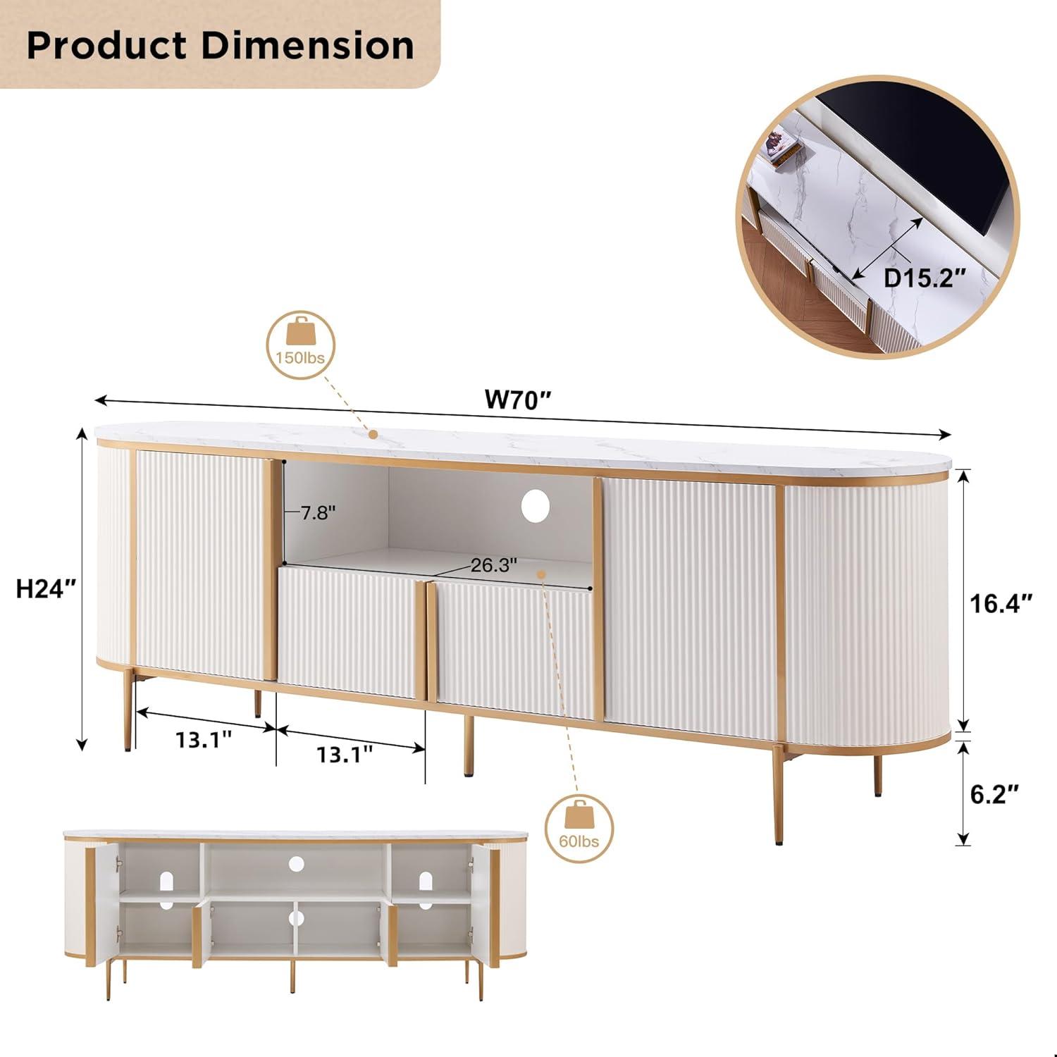 SinCiDo Luxury 70" Fluted TV Stand, Modern TV Console for TVs Up to 80 inches, Faux Marble Top & Curved Design, Off White