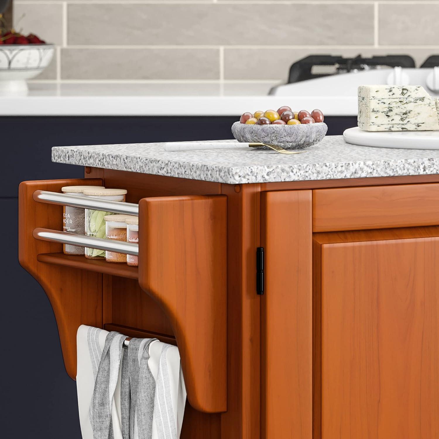 Warm Oak Kitchen Cart with Granite Top and Storage